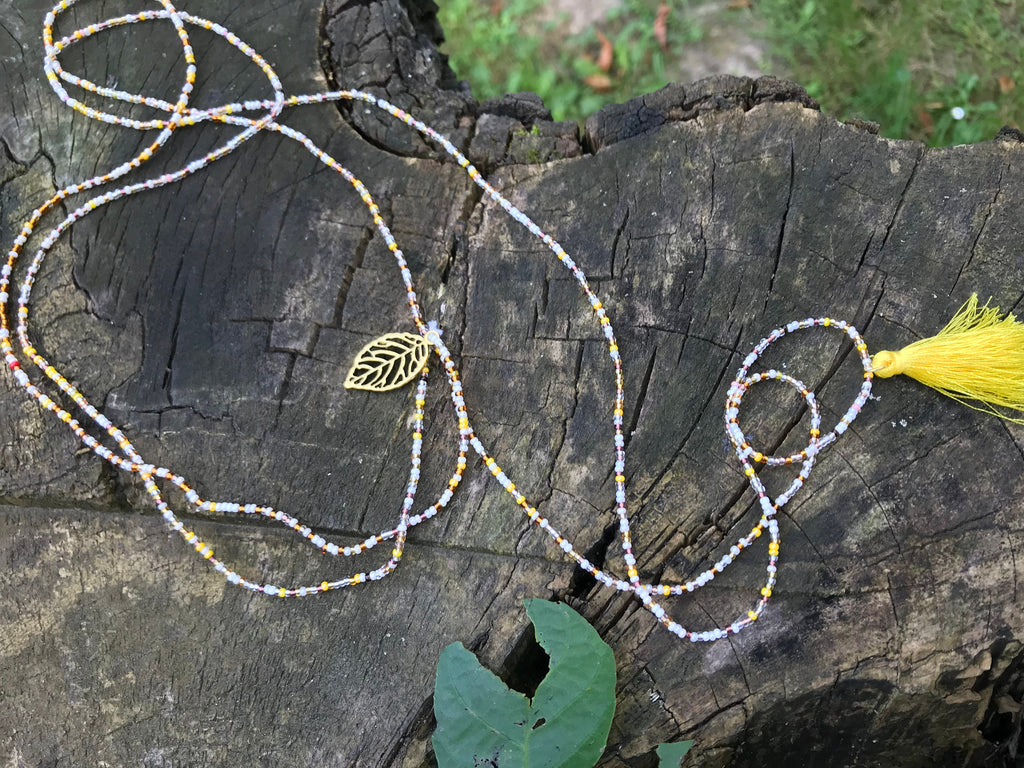 yellow brown beaded wrap bracelet, Fall accessory for girlfriend ~leaf seed bead bracelet~mini tassel bangle for hippie, seed bead necklace