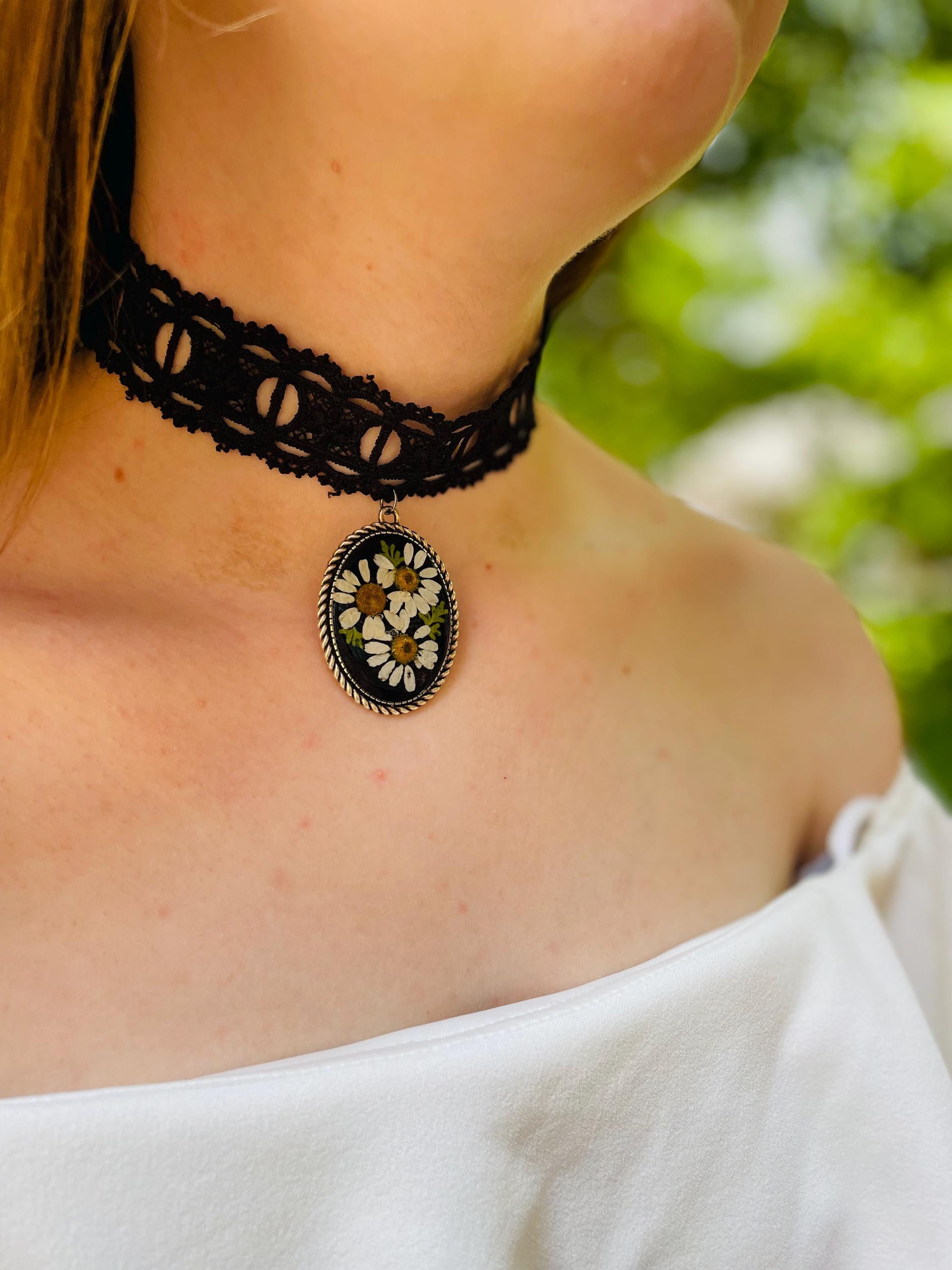 Whimsigoth Black Lace Choker: April Birth Flower Daisy Pendant, Gothic Collar