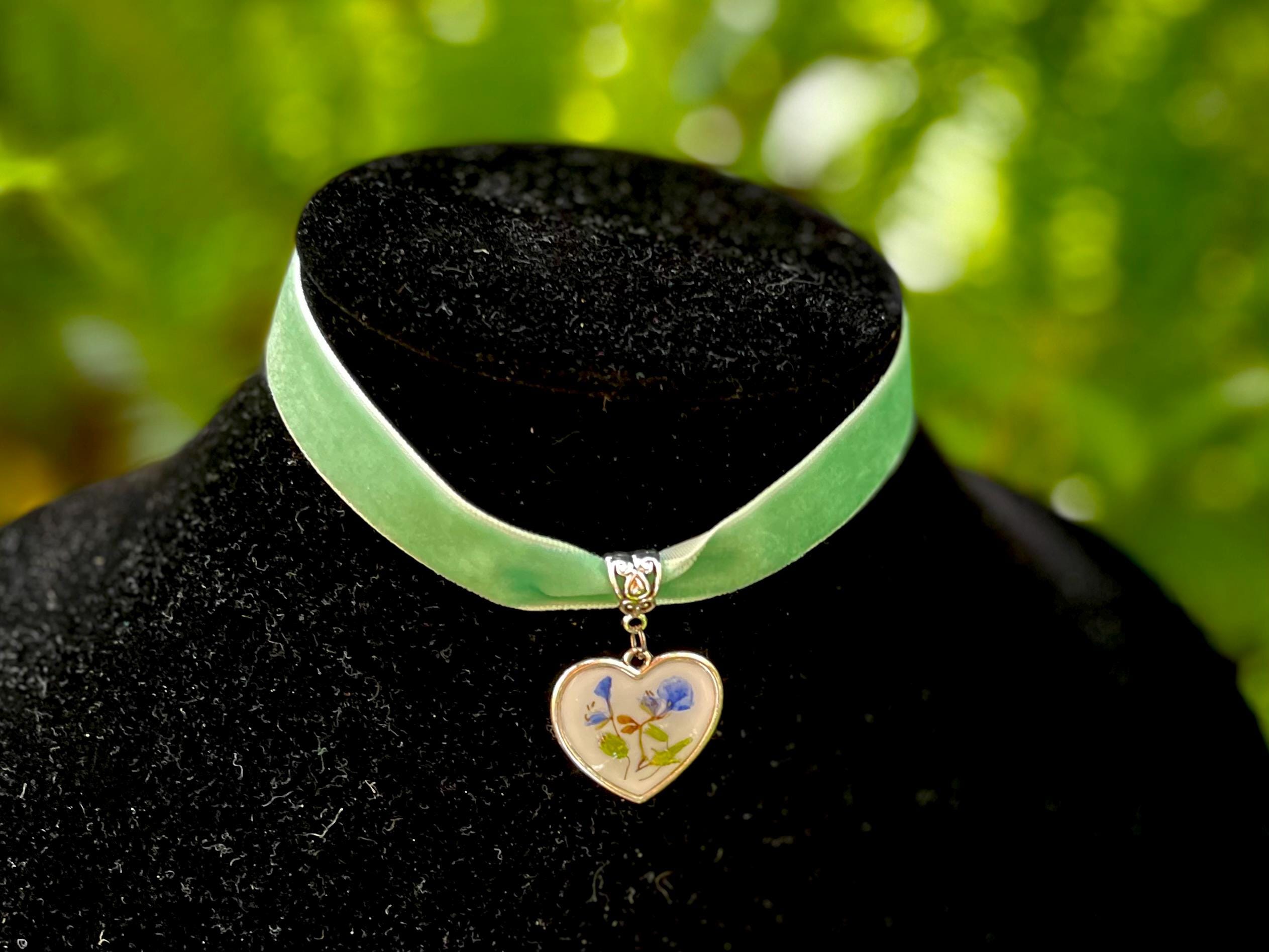 Handmade Victorian Heart Cameo Choker Collar: Sage Green Velvet Ribbon, Pressed Flowers Galentine