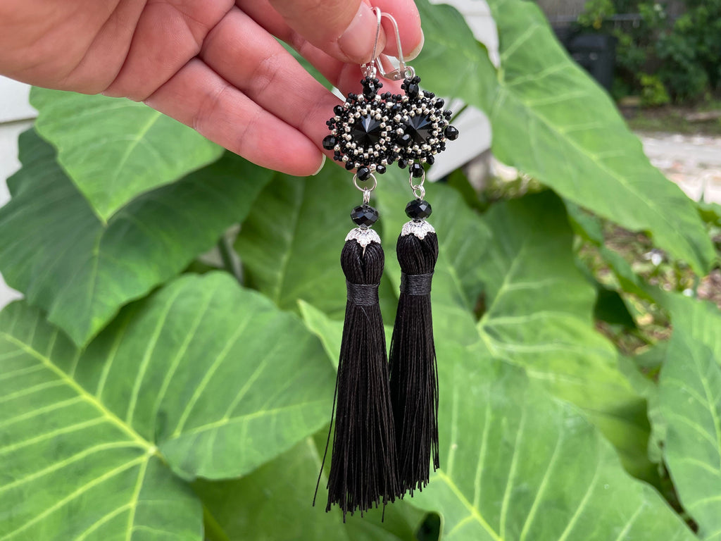 Handmade Black and Silver/Gold Swarovski Crystal Silk Tassel Chandelier Earrings for Women 3-6 inch Long Custom Tassel Color