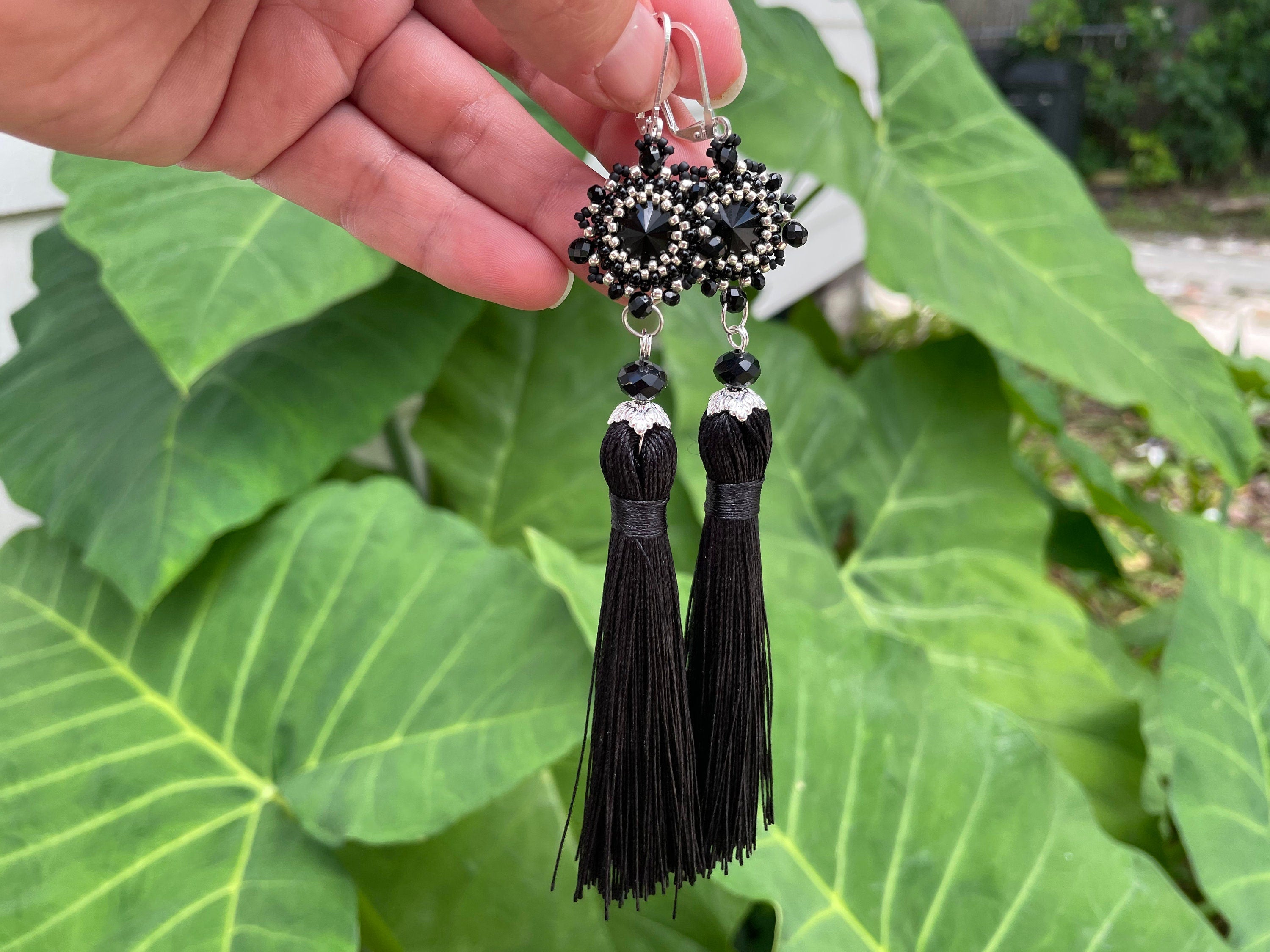 Handmade Black and Silver/Gold Swarovski Crystal Silk Tassel Chandelier Earrings for Women 3-6 inch Long Custom Tassel Color