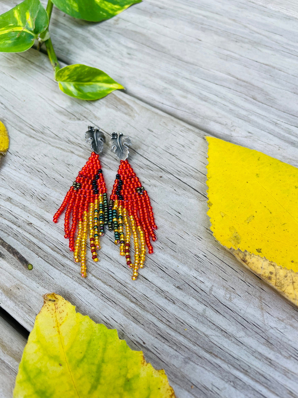 Unique handmade earrings, Burnt orange gold statement earrings, Leaf stud earrings big, Long seed beaded Fringe earrings, jewelry for her