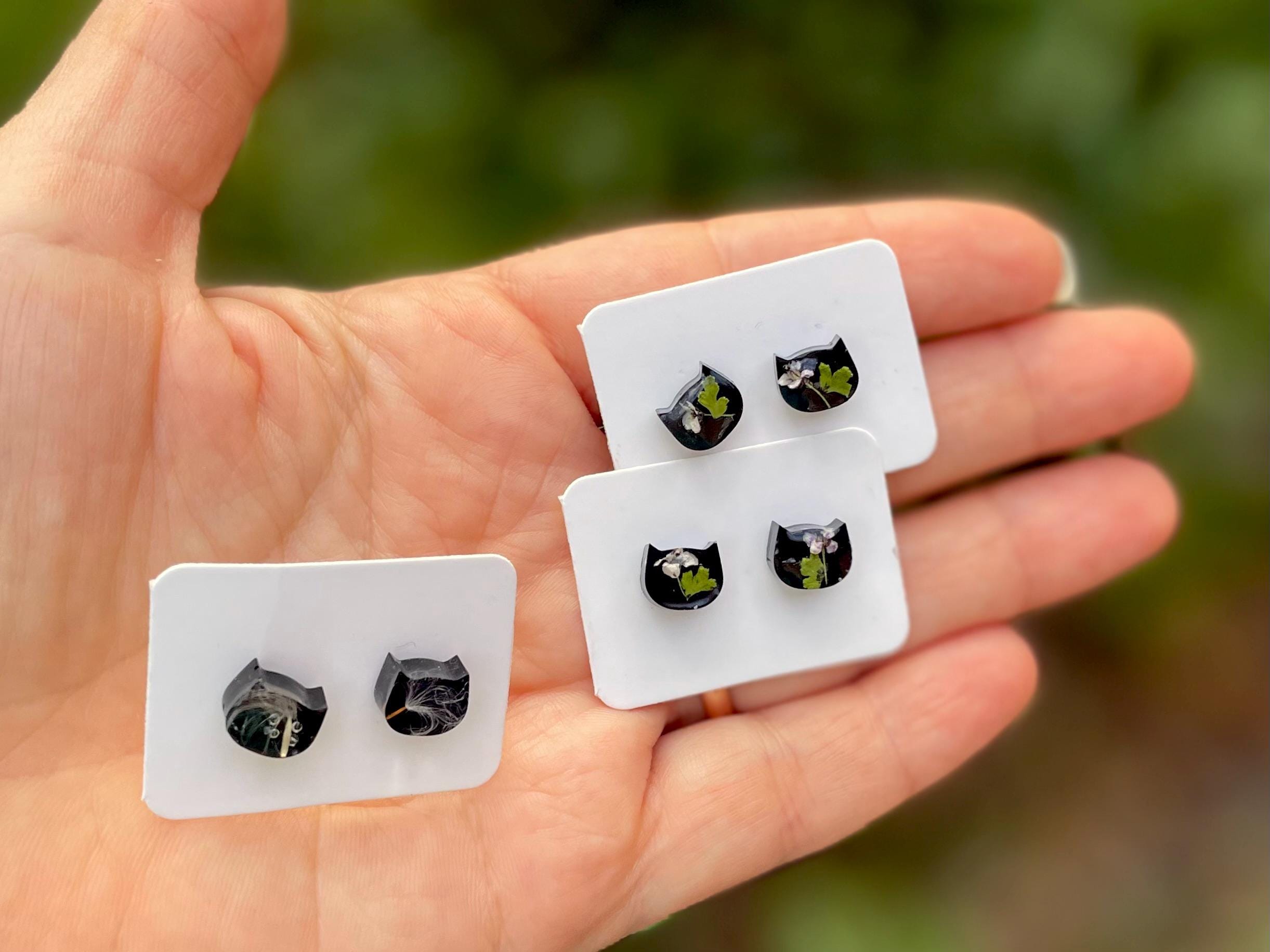 Black Cat Halloween Stud Earrings for Women Men: Dainty Gothic Hypoallergenic Pressed Flower Jewelry