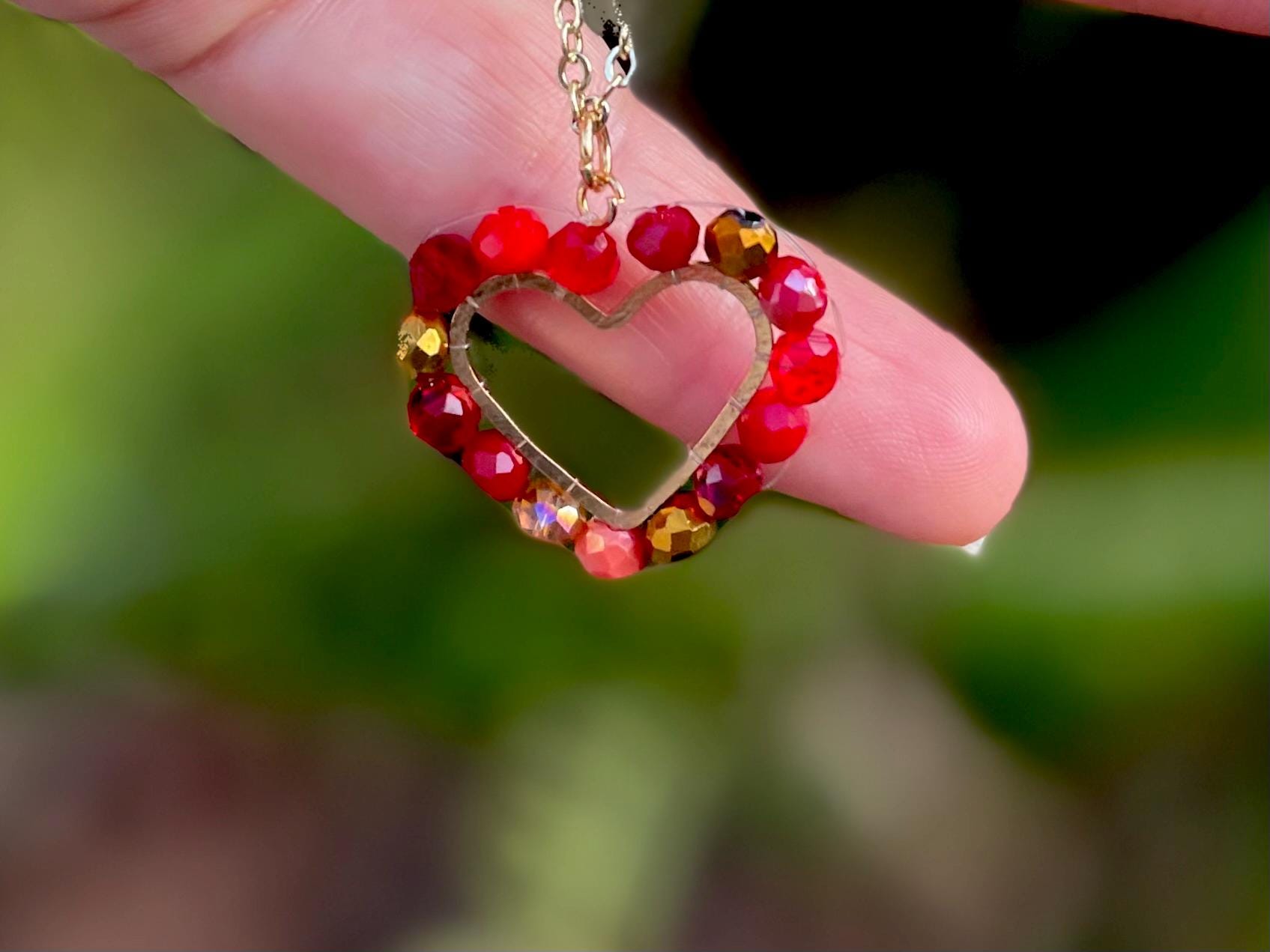 Ruby Red Heart Necklace: Gold Layered Chain, Beaded Handmade Jewelry