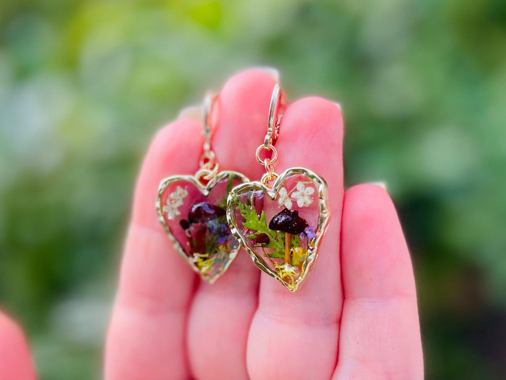Real Mushroom & Elderberry Wildflower Heart Huggie Hoop Earrings Resin - 14K Gold Dangle Fairy Jewelry Galentine