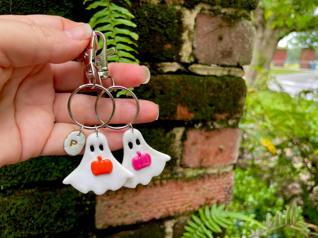 Personalized Ghost Keychain: Clay Pumpkin Charm, Initial Bag Accessory
