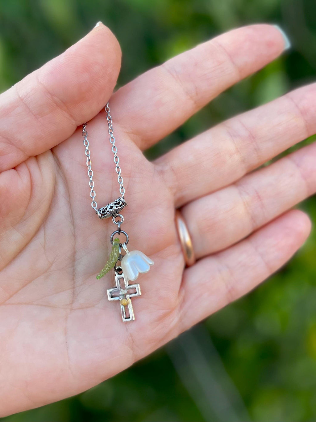 Personalized Lily of the Valley Cross Necklace: Mustard Seed, May Birth Flower