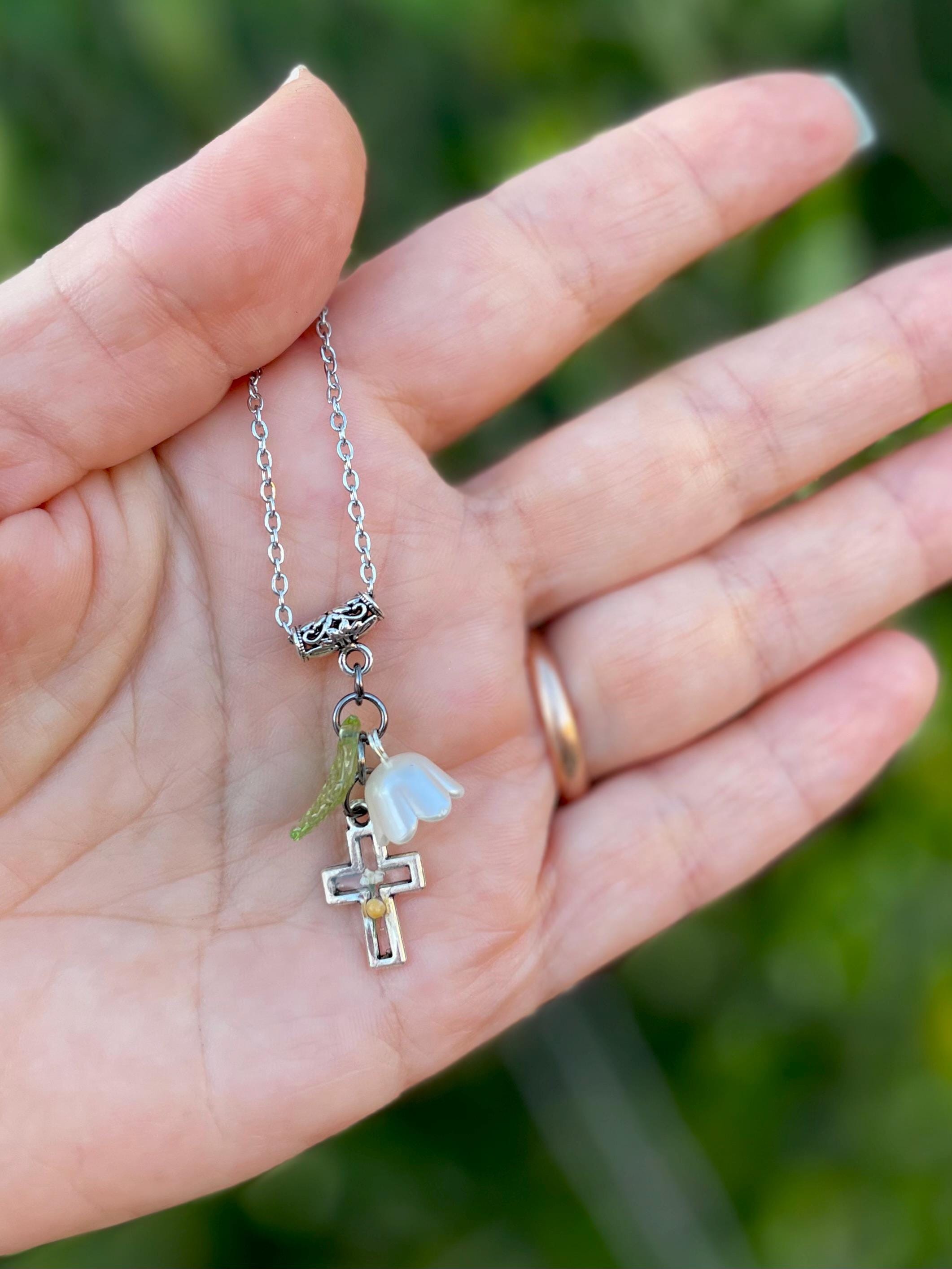 Personalized Lily of the Valley Cross Necklace: Mustard Seed, May Birth Flower