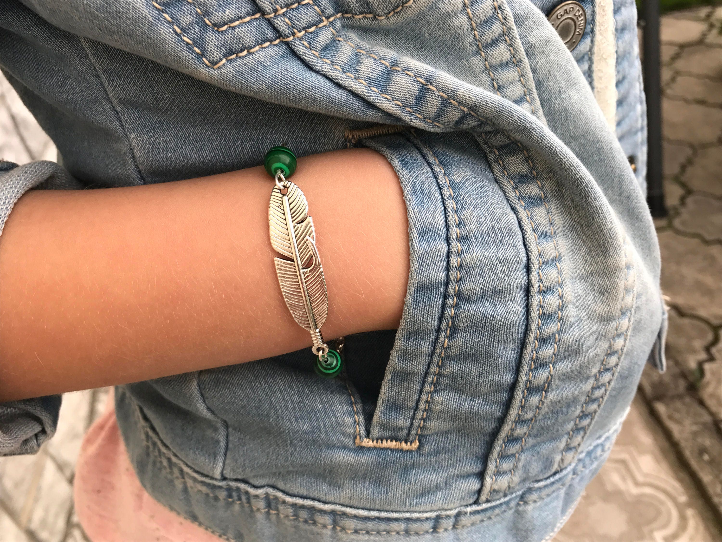 Personalized birthstone feather bracelet Silver Malachite bracelet for her for men friendship bracelet, matching couple bracelets minimalist