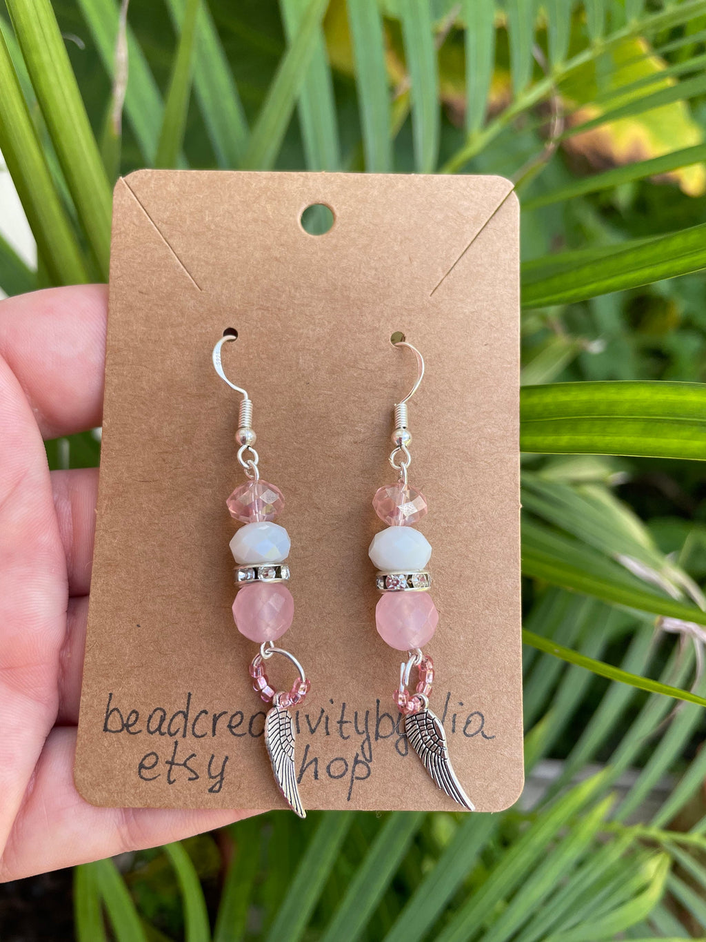 October Birthstone Rose Quartz Angel Wing Dangle Earrings: Pink Sterling Silver Bridal jewelry Libra gifts