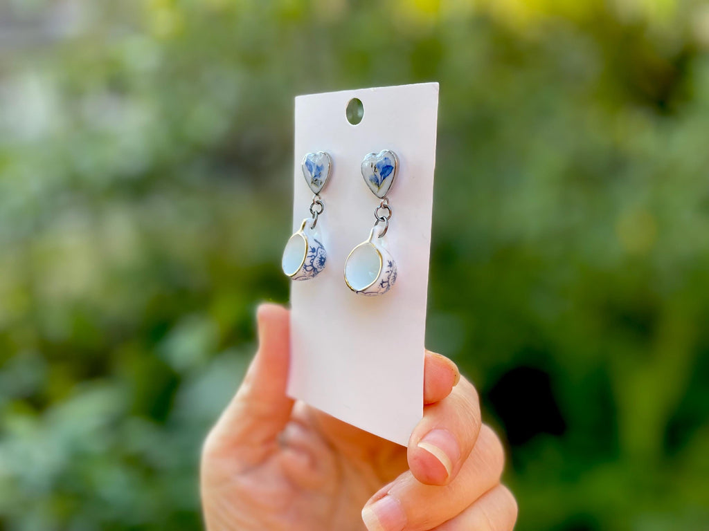 Tea Cup Dangle Earrings: Pressed Flower Heart, Blue & White Porcelain Studs 20th Anniversary