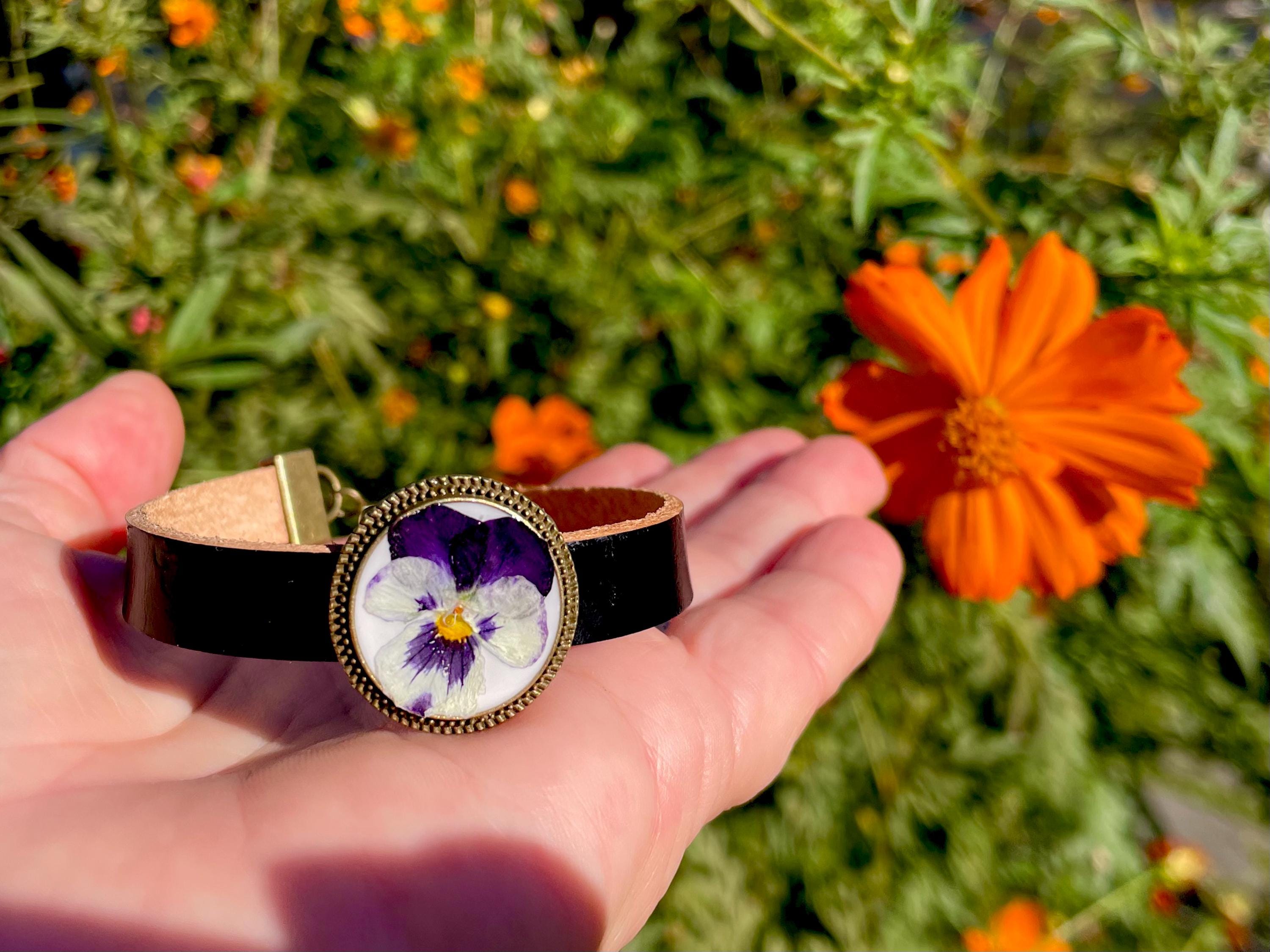 Pansy Birth Flower Leather Bracelet: Personalized Violet Jewelry Gift