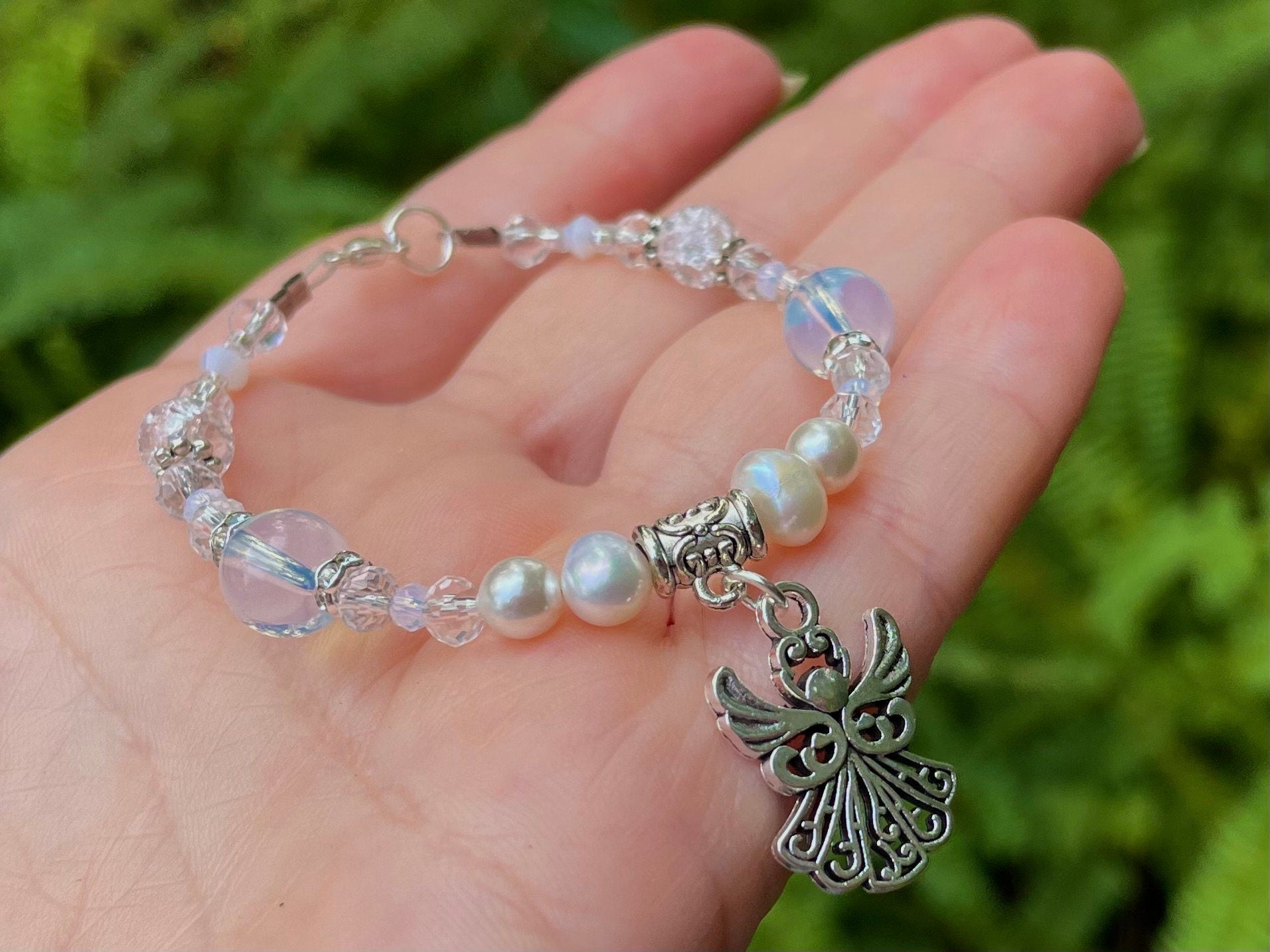 Angel Pearl Bracelet: Opal, Crystal, First Communion Gift