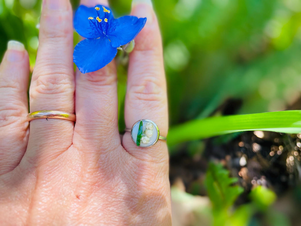 Personalized Lily of the Valley Pressed Flower Ring: Adjustable Silver May Birth Flower Jewelry