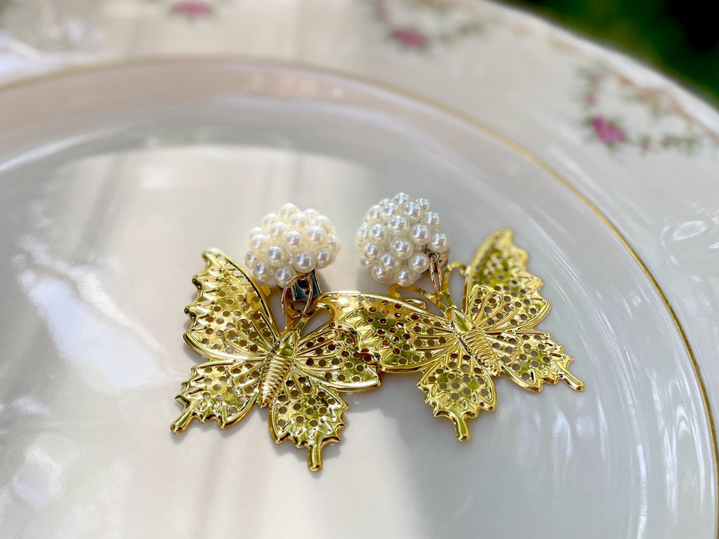 14k Gold Butterfly Clip On Earrings: Pearl Filigree Dangle