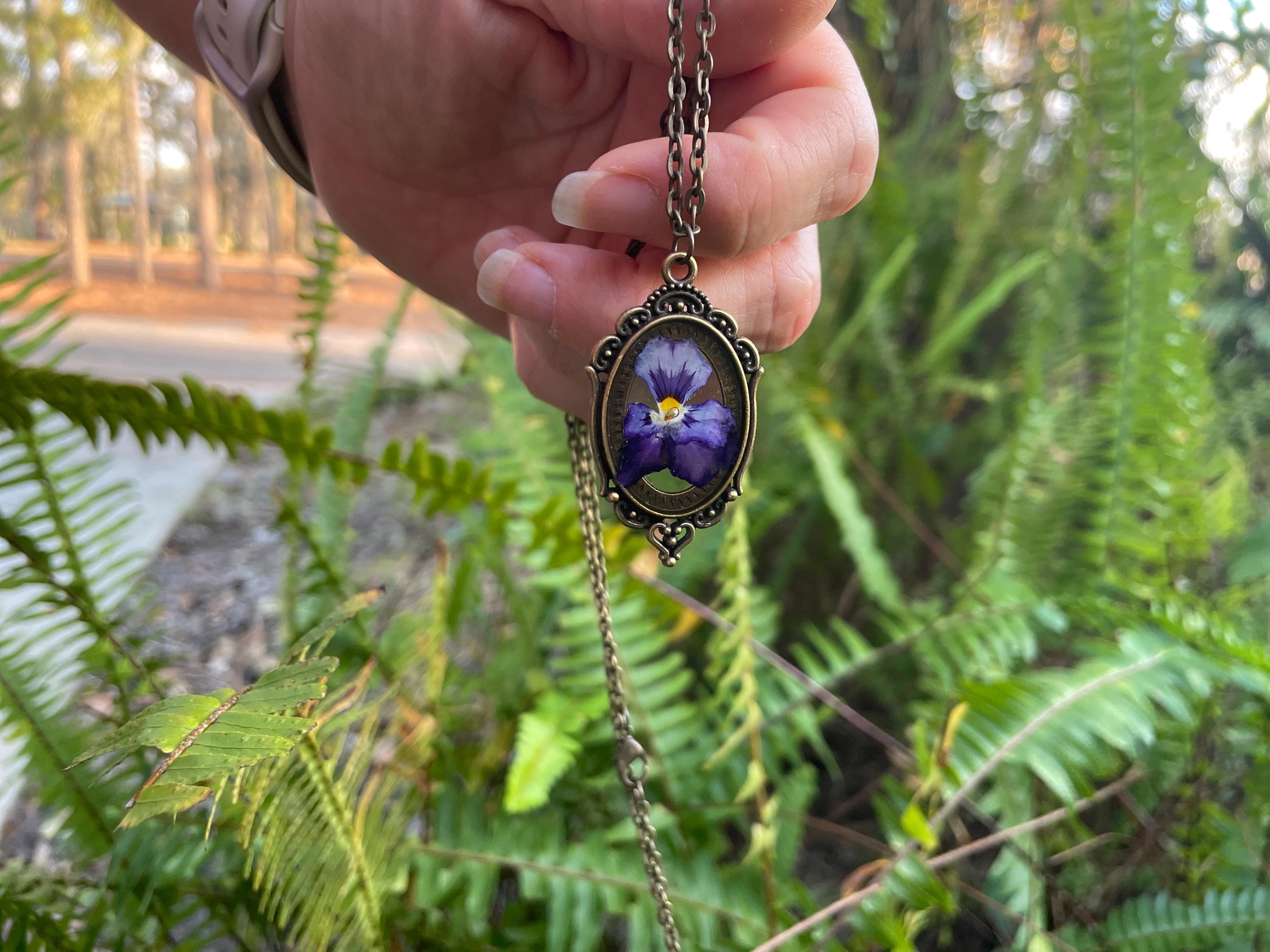 February Birth Flower Necklace: Handmade Violet Pressed Resin Pendant