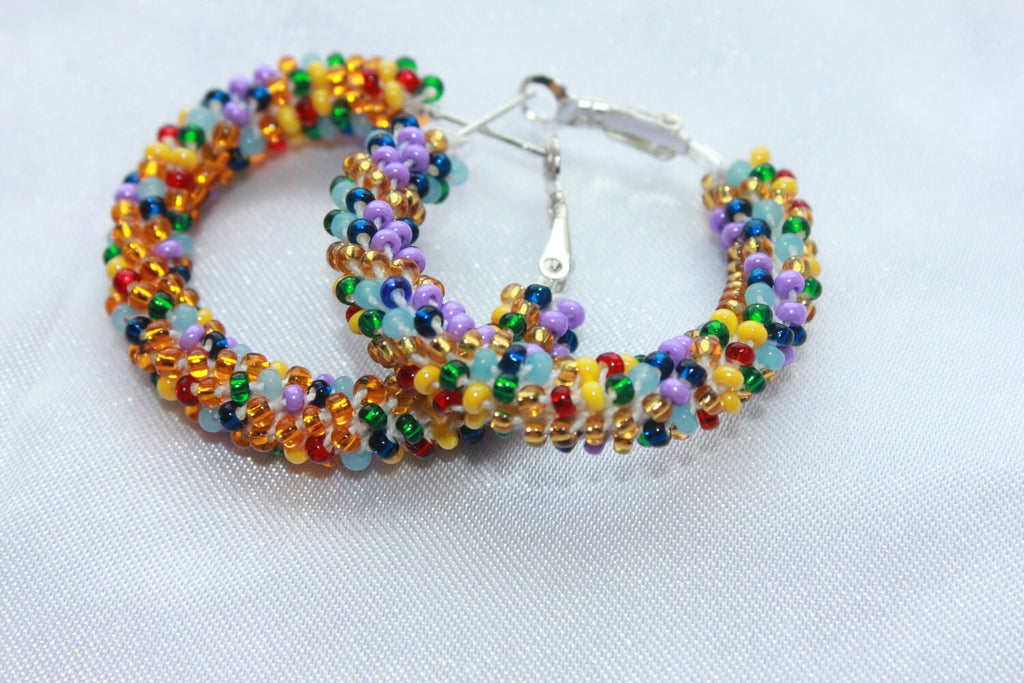 Multicolored hoop earrings beaded, Native American midi hoops girlfriend gift earrings, bridal shower gift lesbian earrings southwest design