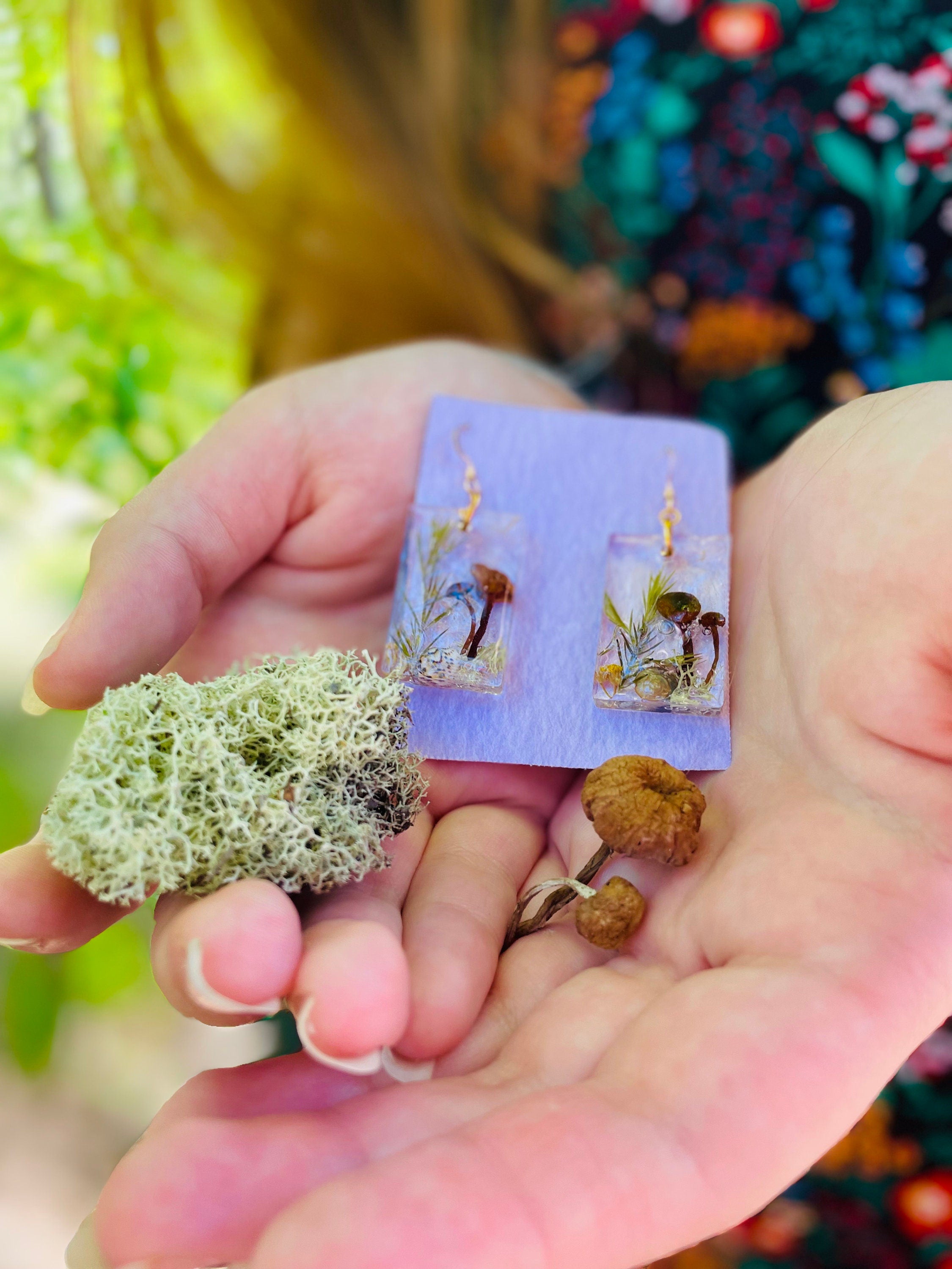Real Mushroom Resin Earrings: Gold Filled Fairy Forest Jewelry