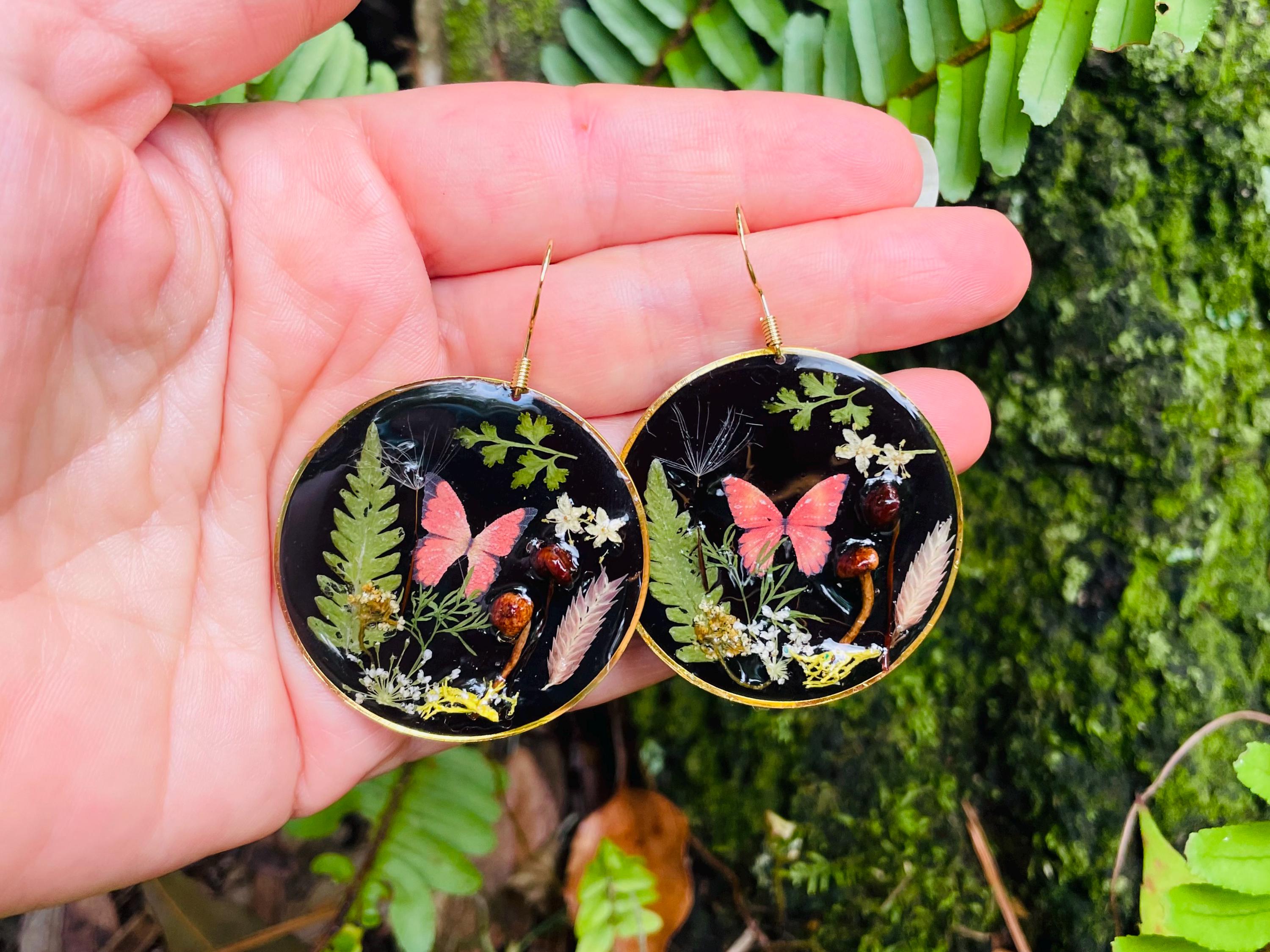 Dark Academia Mushroom Earrings: Real Moss, Fern & Butterfly