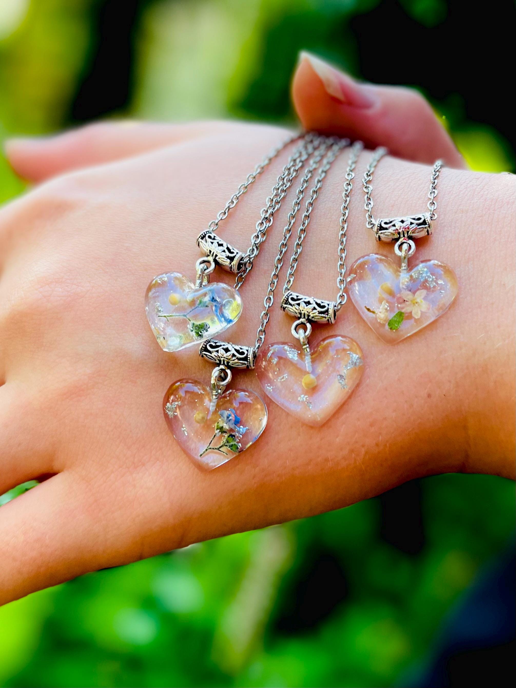 Personalized Heart Birth Flower Resin Pendant Necklace: Mustard Seed Faith Jewelry