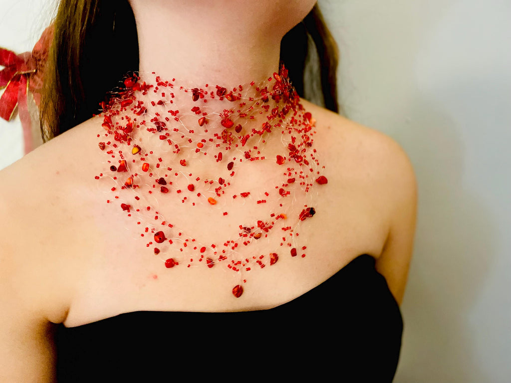 Red Coral Choker: Multi Strand Statement Necklace, Victorian Bridal Air Collar