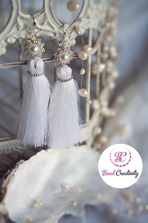 Bridal earrings with pearls Swarovski and silk tassels, earrings silver Long Dangle Earrings, bridal shower gift for bride, earrings wedding