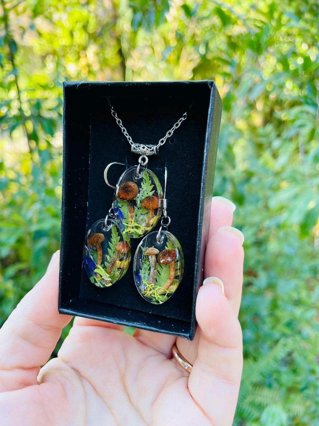 Real Mushroom Fern Jewelry Set: Sterling Silver Earrings & Stainless Steel Necklace Birthstone Personalized