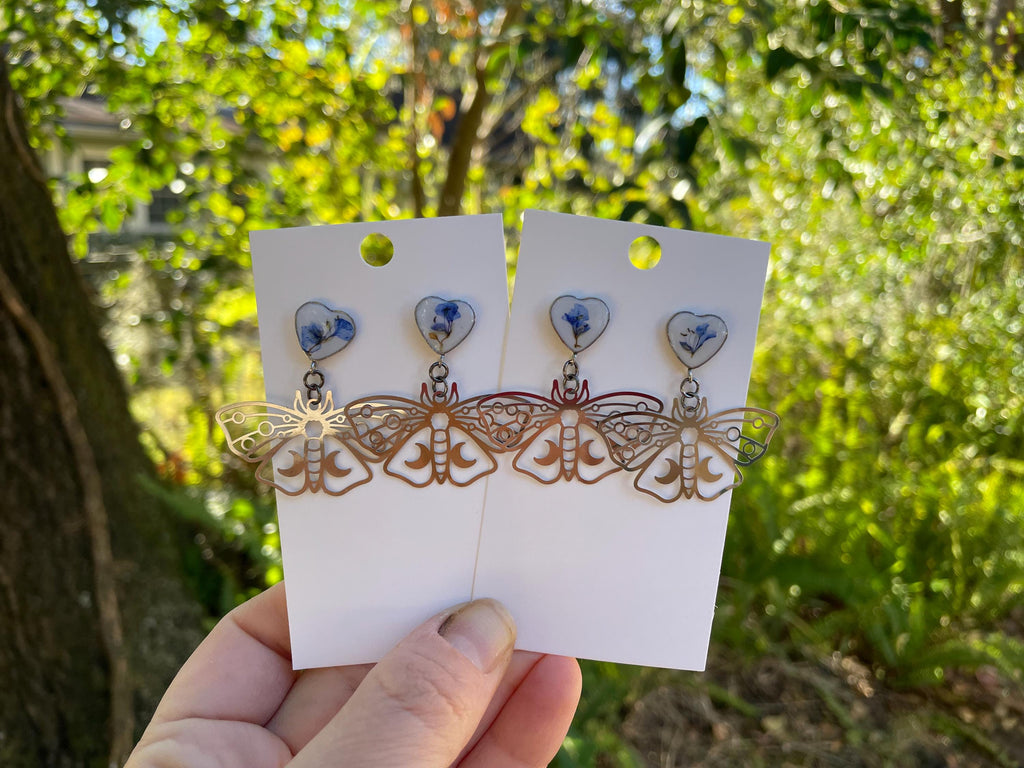 Silver Butterfly Earrings, Filigree Luna Moth Dangles: Blue Flower Resin Insect Jewelry