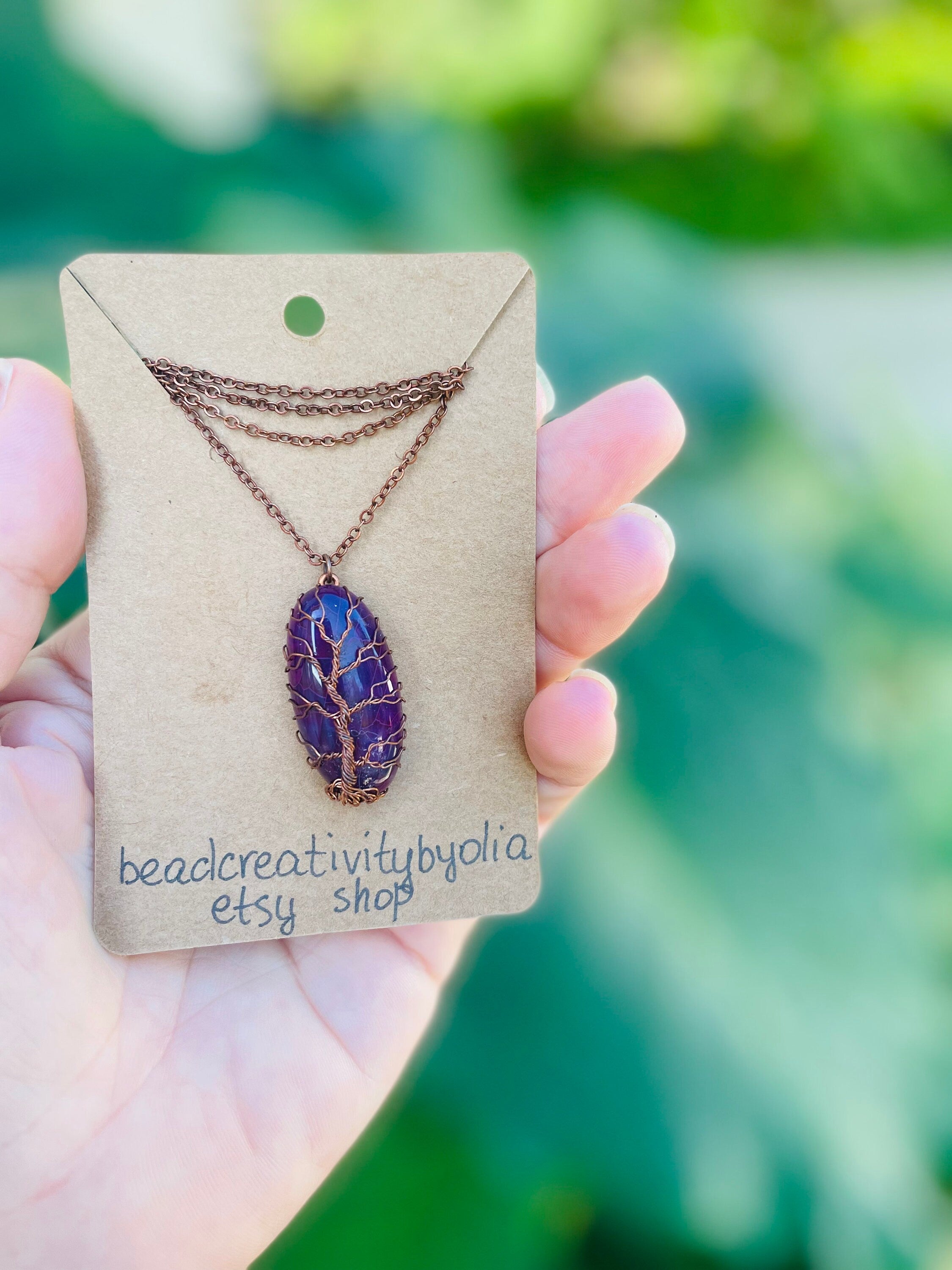 Handmade Purple Dragon Vein Agate Tree of Life Pendant Necklace: Unique Copper Wire Wrap Jewelry Unisex