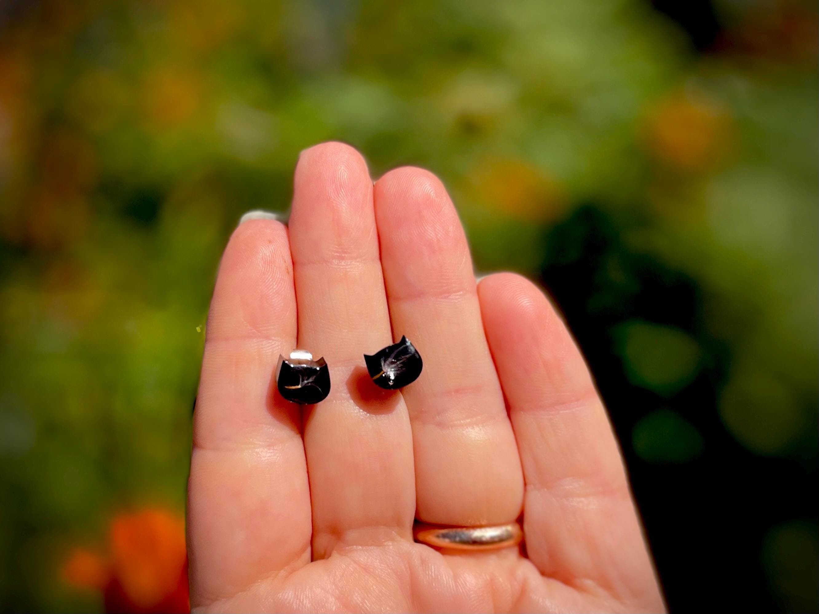 Dandelion Seed Cat Head Stud Earrings: Handmade Resin Jewelry