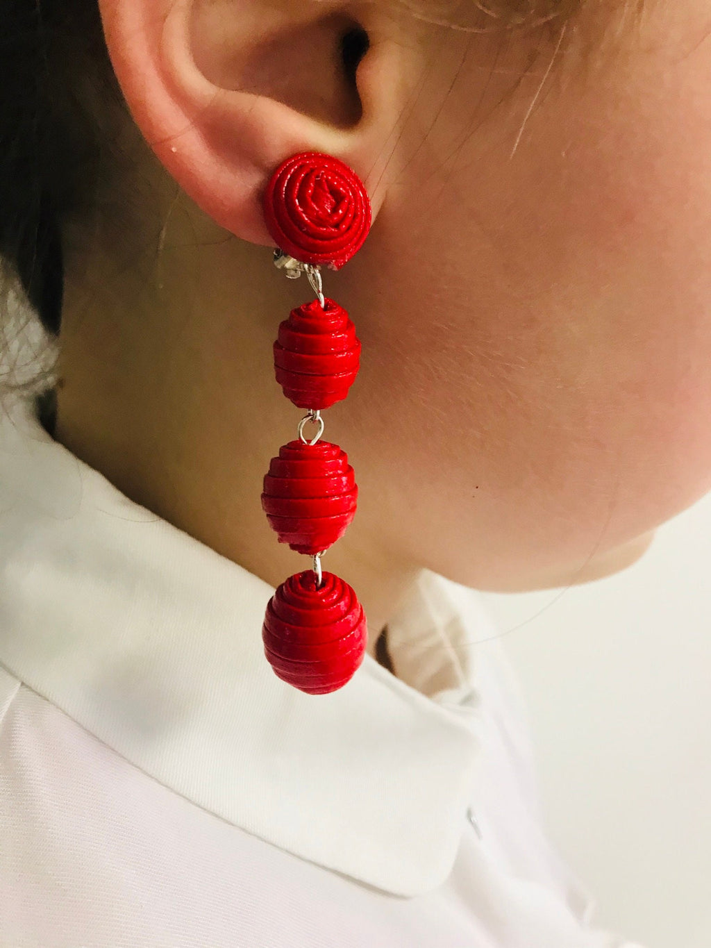 Black red faux leather bon bon earrings, layered leather earrings for women, long beaded earrings clips, three Ball Rebecca earrings dangle