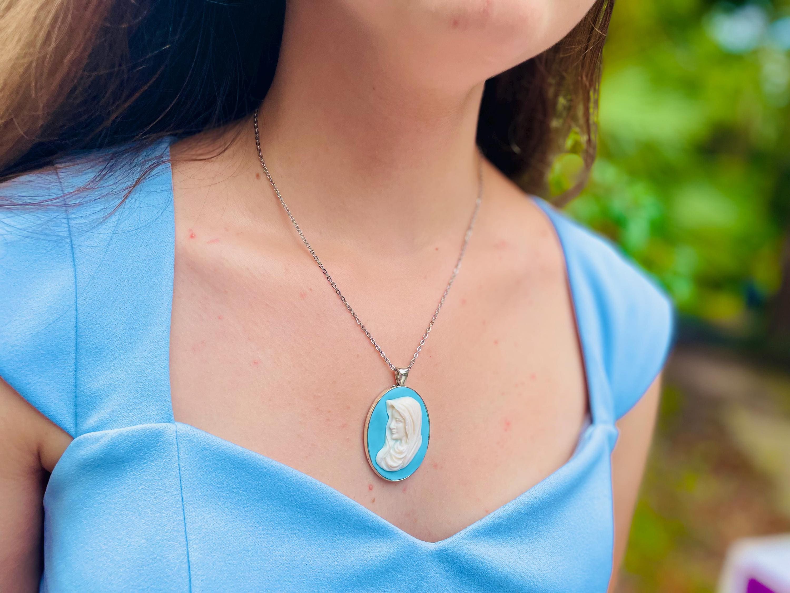 Handmade Virgin Mary Cameo Necklace: Catholic Gift with Birthstone