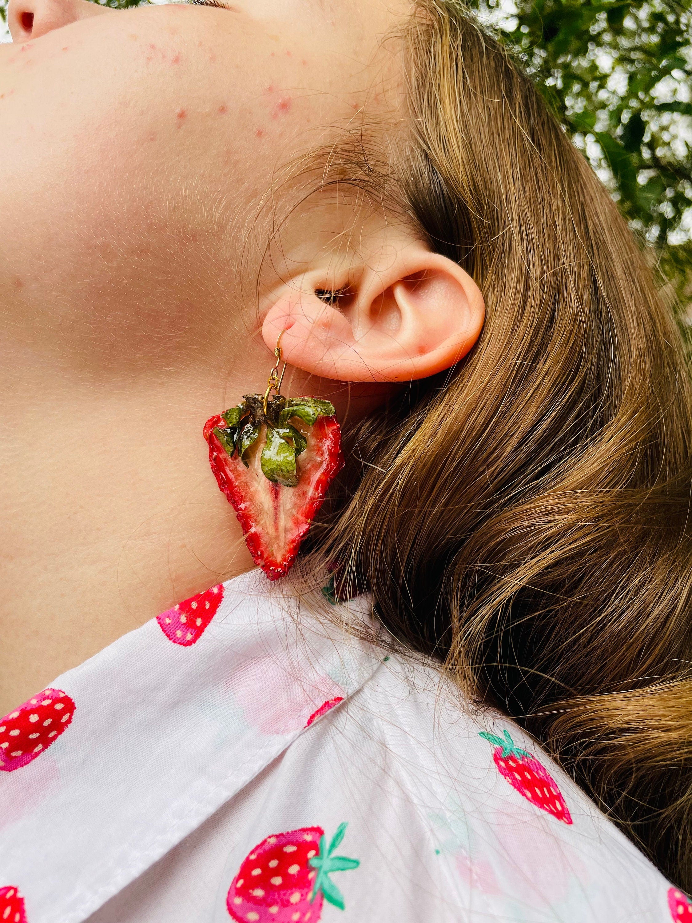 Real Strawberry Resin Earrings: 14K Gold Filled Dangle Earrings