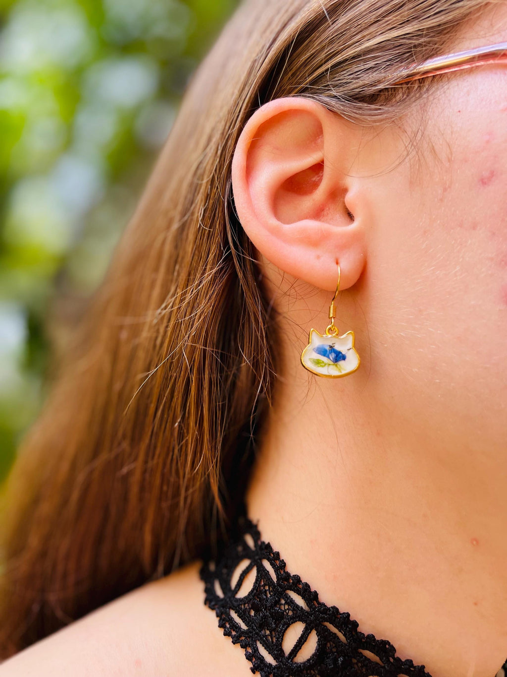 Dainty Blue Flower Cat Earrings: 14K Gold Filled Vintage Porcelain Style Jewelry