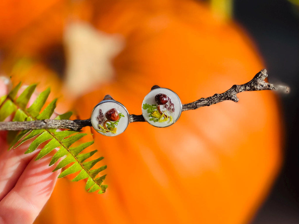 Mushroom Earrings Stud/Clip on: Real Moss and Fern, Sterling Silver, Botanical Jewelry