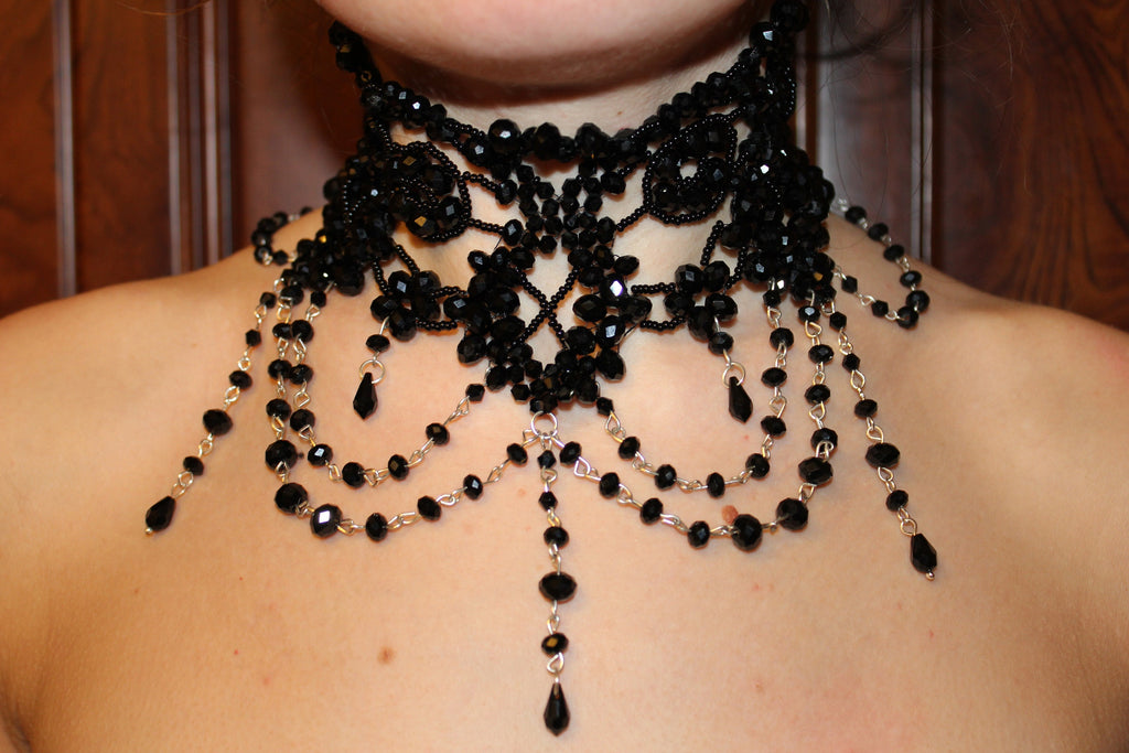 Big Black Special Occasion Statement Necklace Collar: Gothic Victorian Wedding Crystal Lace Choker