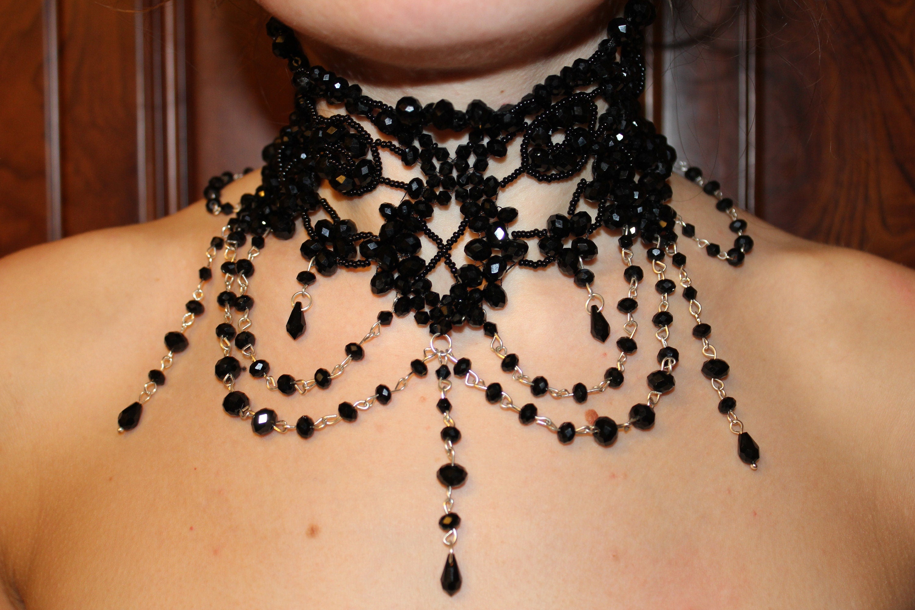 Big Black Special Occasion Statement Necklace Collar: Gothic Victorian Wedding Crystal Lace Choker
