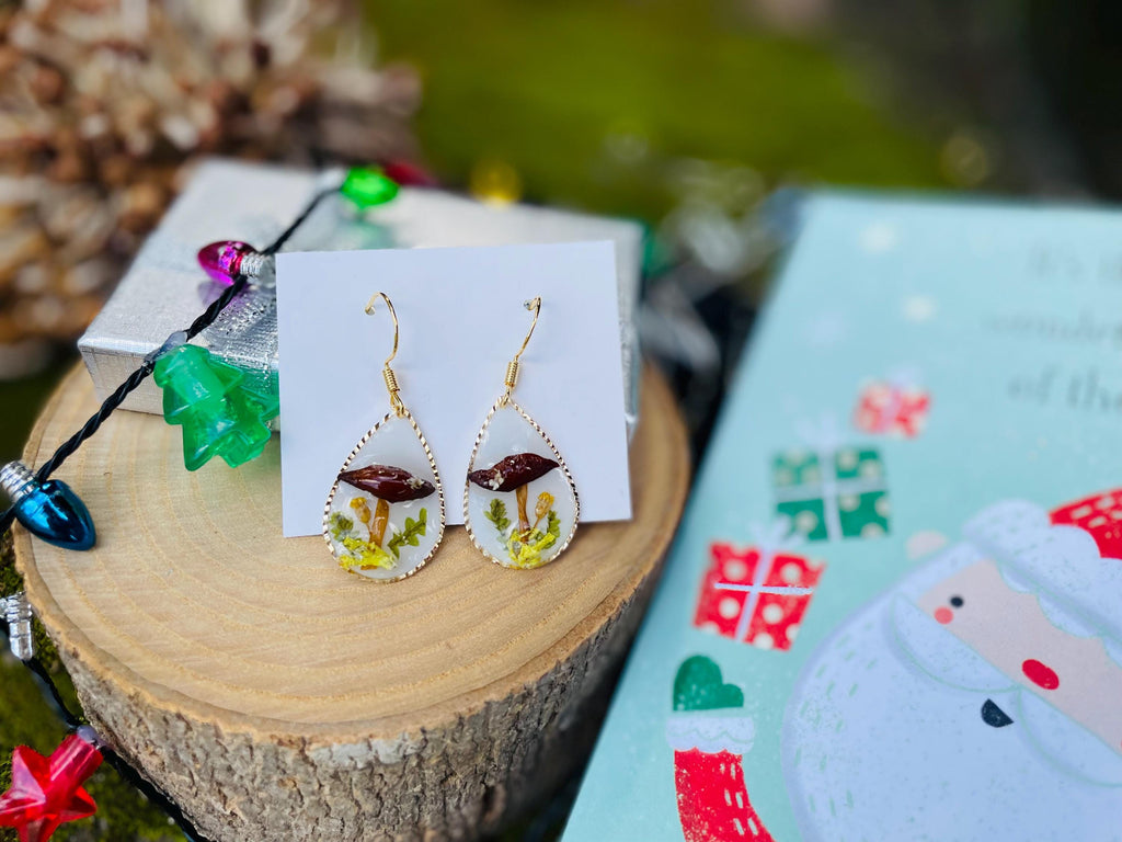 Teardrop Mushroom Moss Earrings: 14K Gold Dangle, Woodland Fairy Jewelry