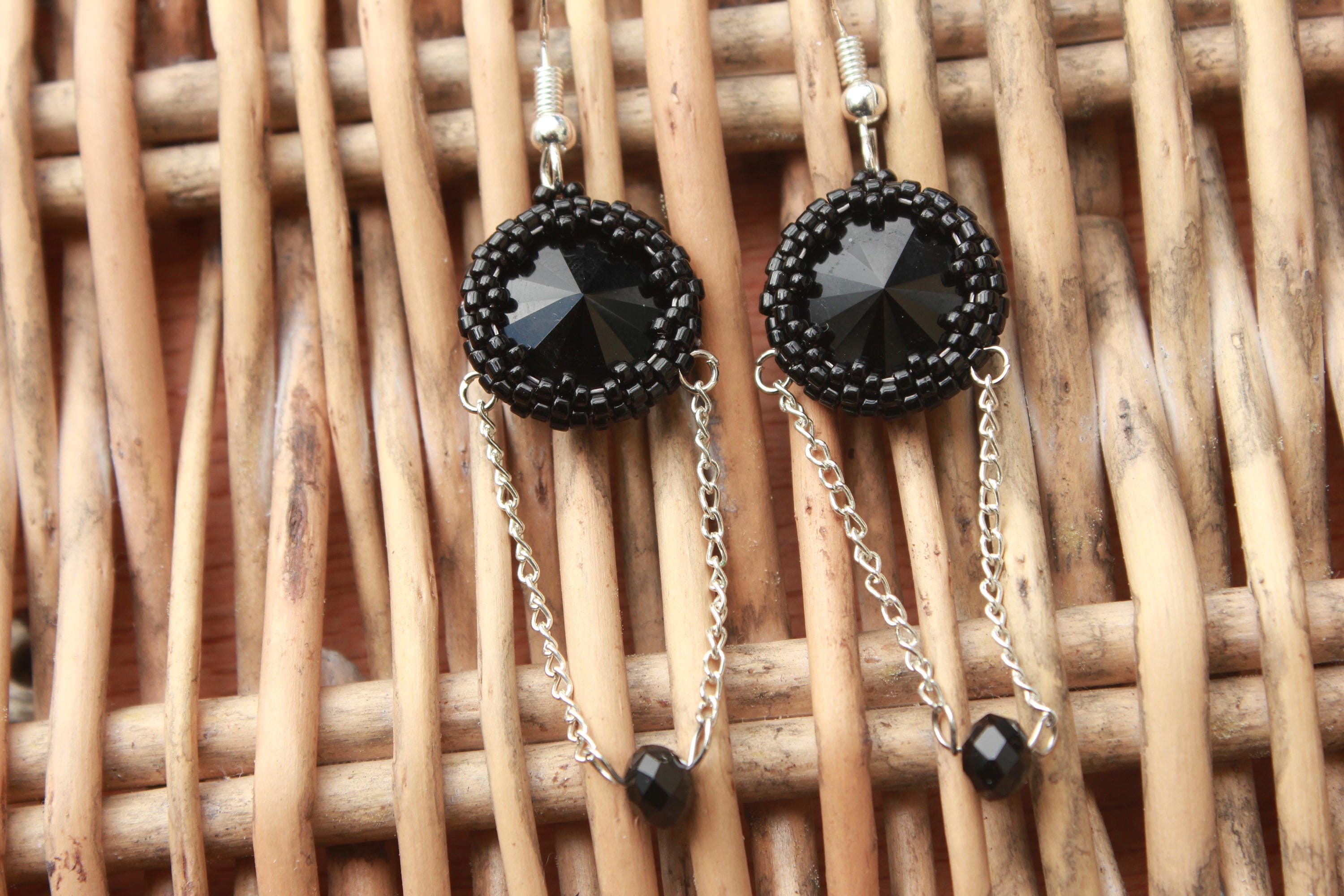 Earrings. Black earrings beaded, Gothic earrings, goth chain earrings, goth jewelry, steampunk earrings, black jewelry for her, self gift,