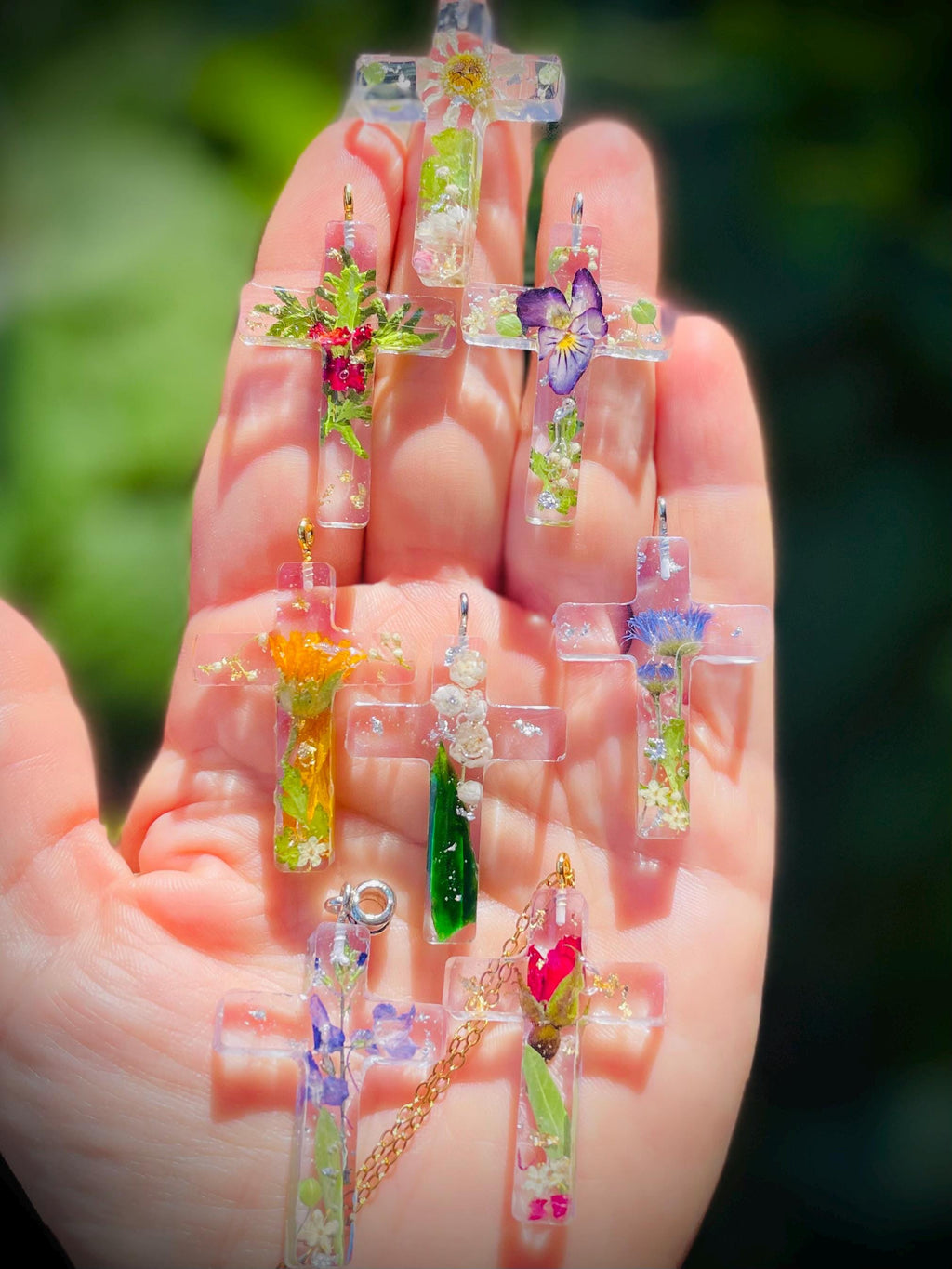 Handmade Custom Birth Flower Necklace: Real Rose Sunflower Resin Cross Pendant