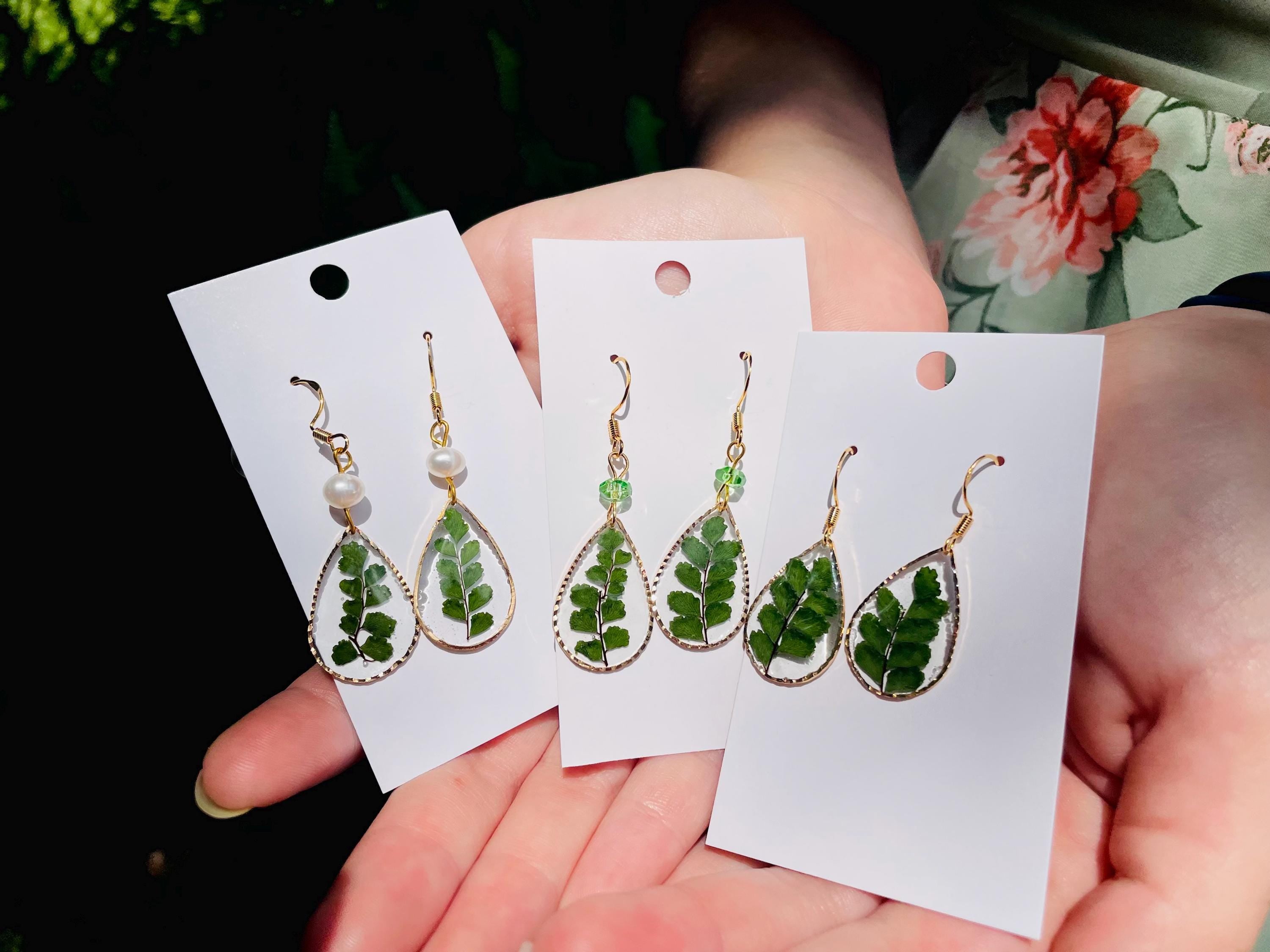 Forest Fern Earrings Pearl Handmade Real Fern Earrings Transparent Real Leaf Earrings Dangle 14K gold jewelry boho Birthday gifts for her