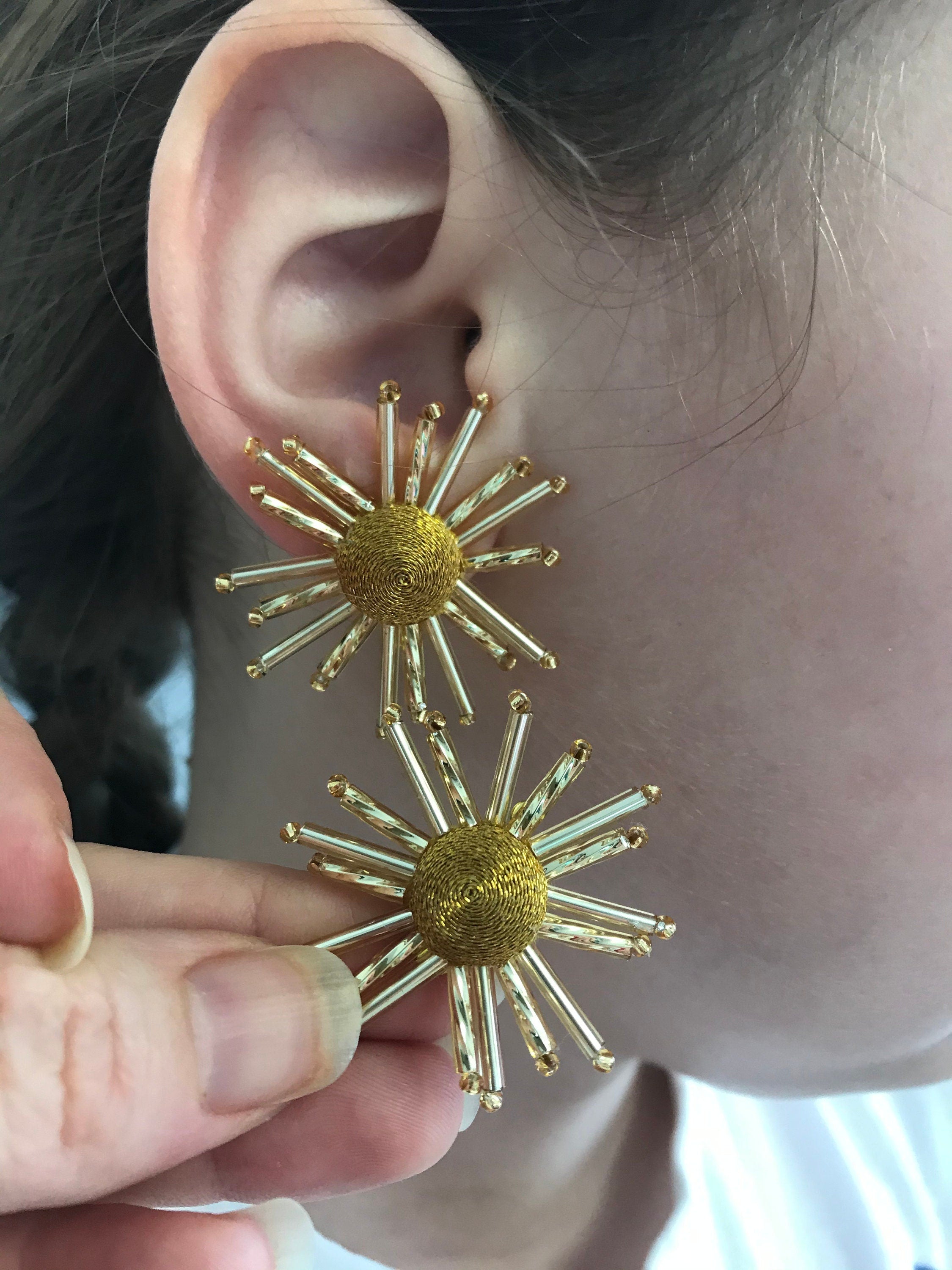 Gold Sunburst Earrings: Beaded Celestial Clip On Studs