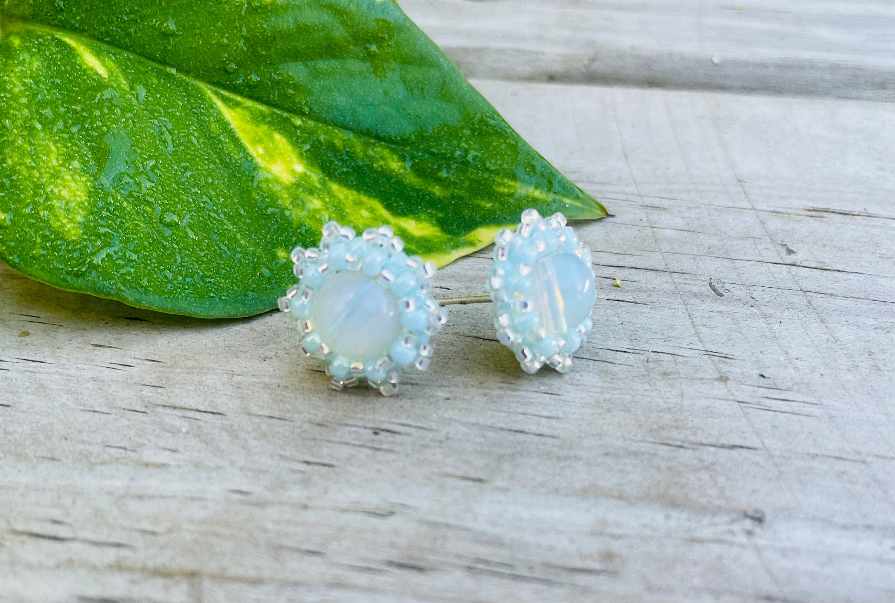 opal stud earrings, moonstone gemstone stud earrings, custom stud earrings, surgical steel stud earrings beaded, minimalist earrings wedding