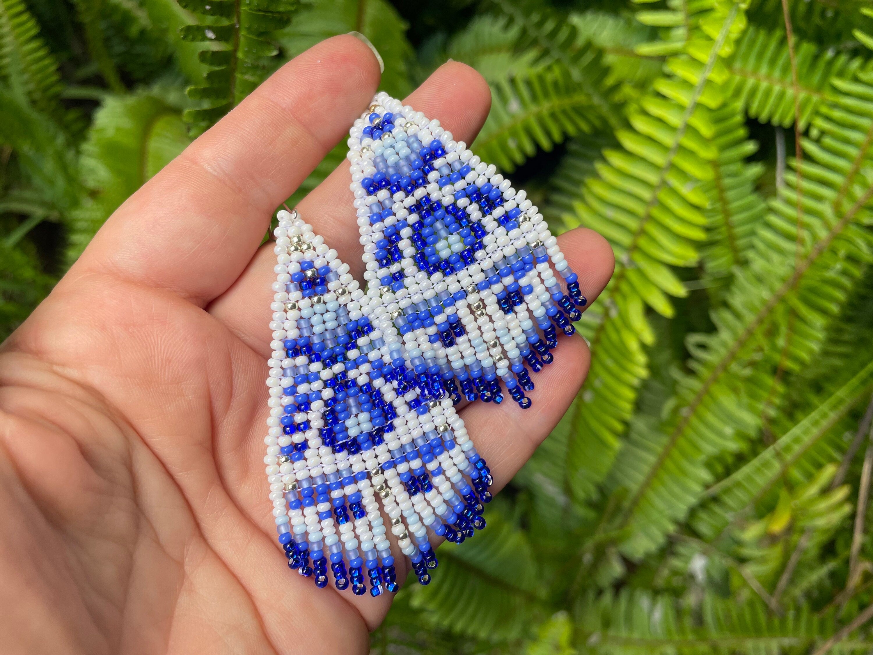 Chinoiserie Seed Bead Earrings: White & Blue Toile, Sterling Silver