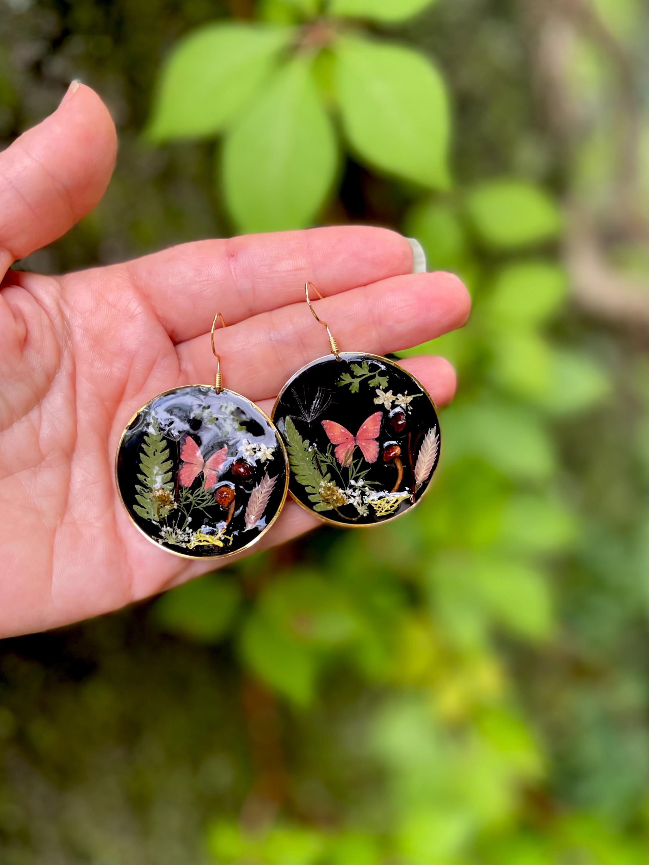 Dark Academia Mushroom Earrings: Real Moss, Fern & Butterfly