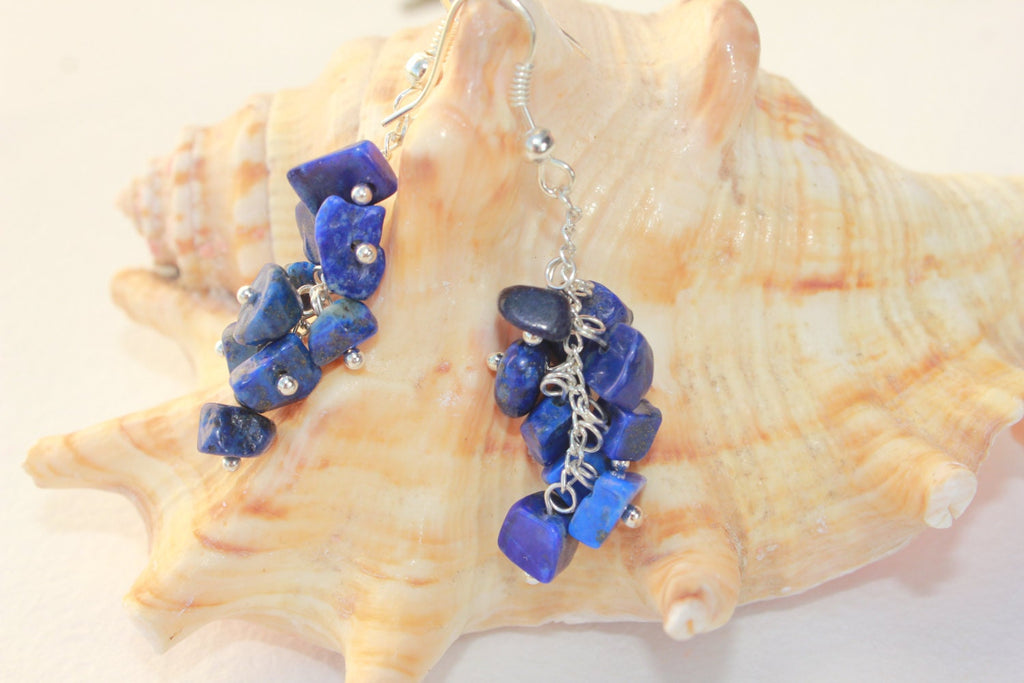 Lapis Lazuli Cluster Earrings: Silver Plated, Sapphire Blue Jewelry