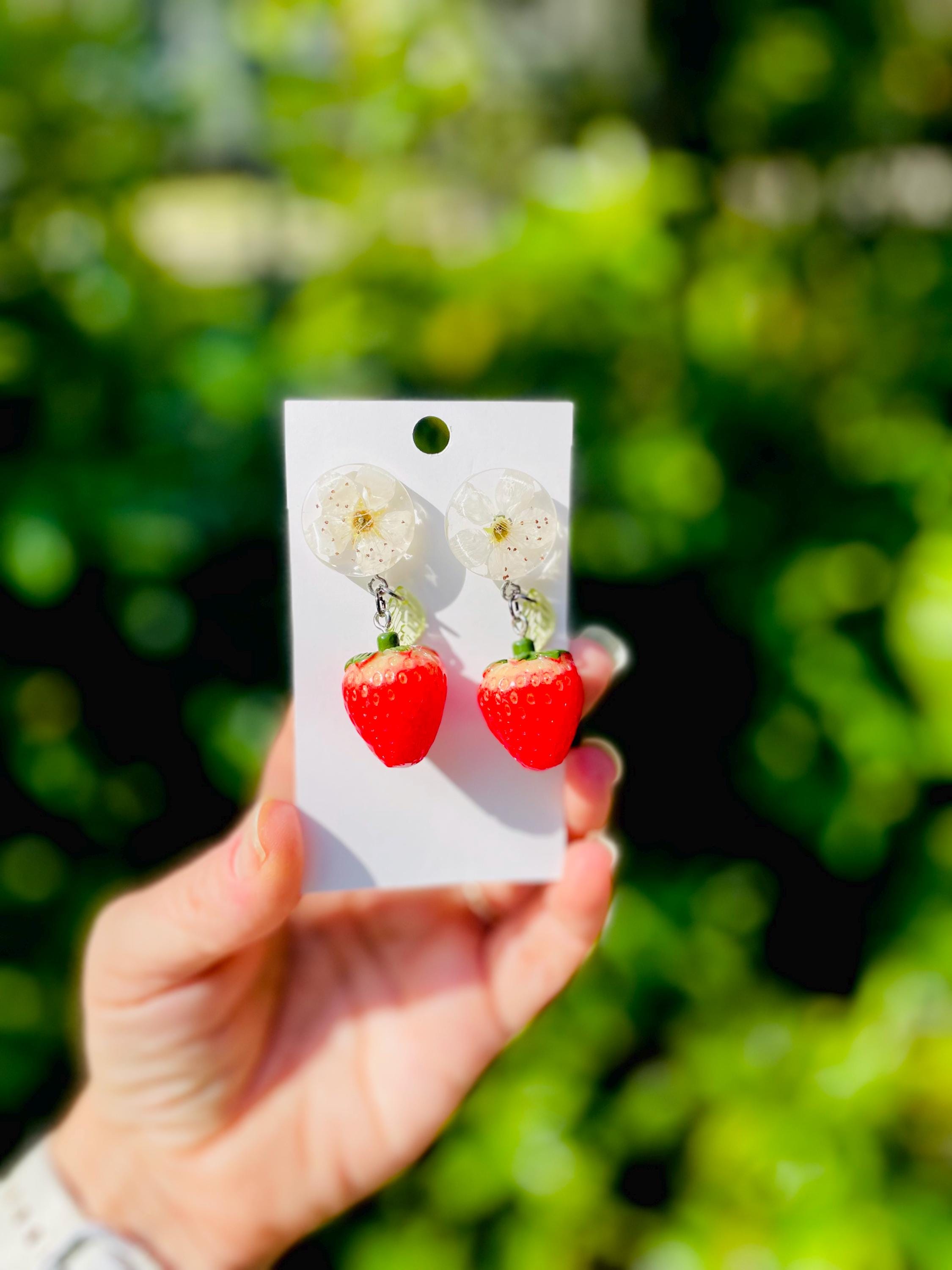 Strawberry Earrings: Real Blossom, Sterling Silver Hooks, Botanical Jewelry