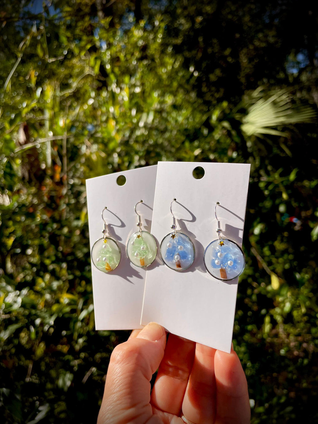 Sea Glass Christmas Tree Earrings: Resin Pearl Mosaic, Silver Tone
