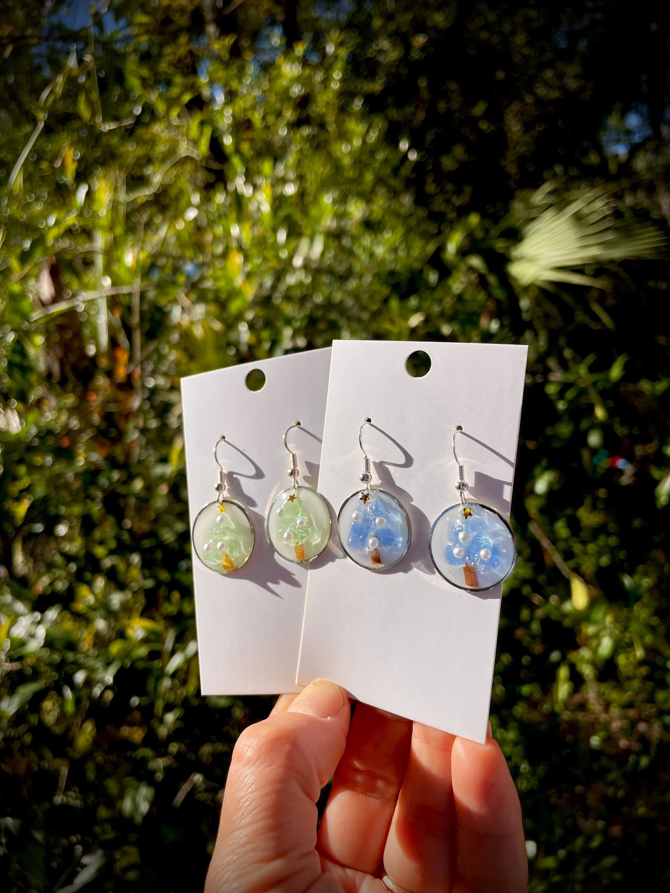 Sea Glass Christmas Tree Earrings: Resin Pearl Mosaic, Silver Tone