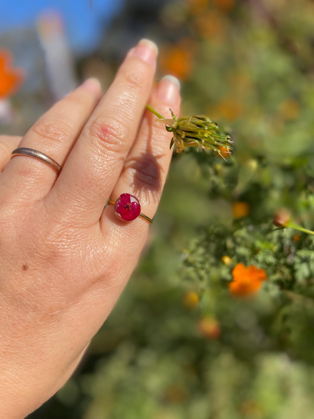 Handmade Blush Pressed Cherry Blossom Like Flower Ring: Botanical Resin Ring, Adjustable